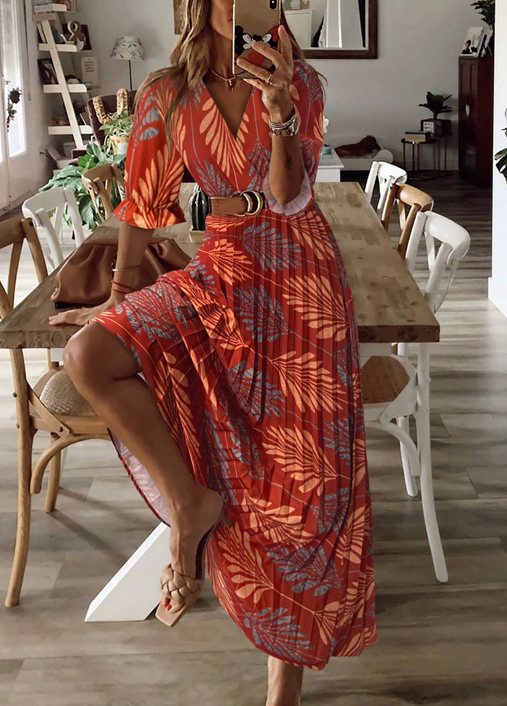 Темно-красное праздничный, вечернее, кэжуал платье а-силуэт, плиссированное SHEIN с рисунком