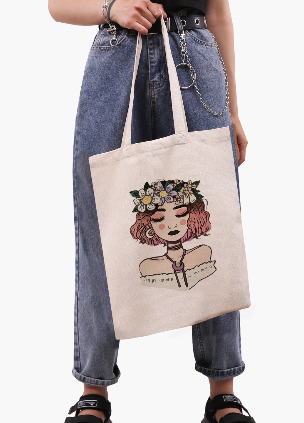 Еко сумка шоппер біла Дівчина з квітами (Girl with flowers) (9227-2841-WT-1) Еко сумка шоппер біла 41*35 см MobiPrint (221682945)