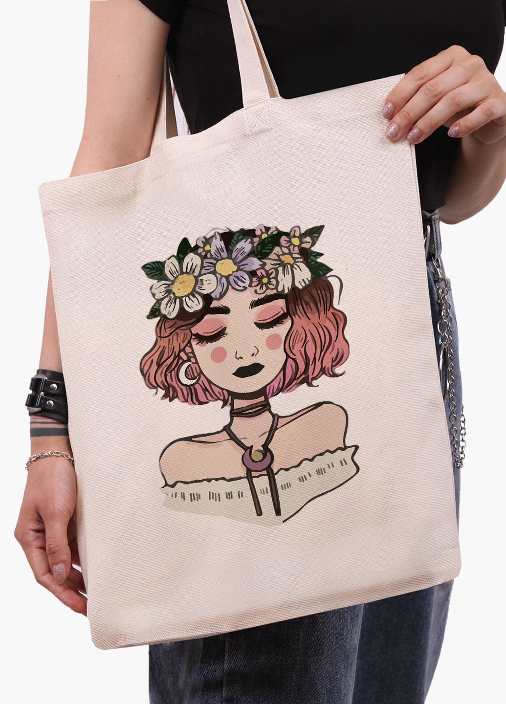 Еко сумка шоппер біла Дівчина з квітами (Girl with flowers) (9227-2841-WT-1) Еко сумка шоппер біла 41*35 см MobiPrint (221682945)