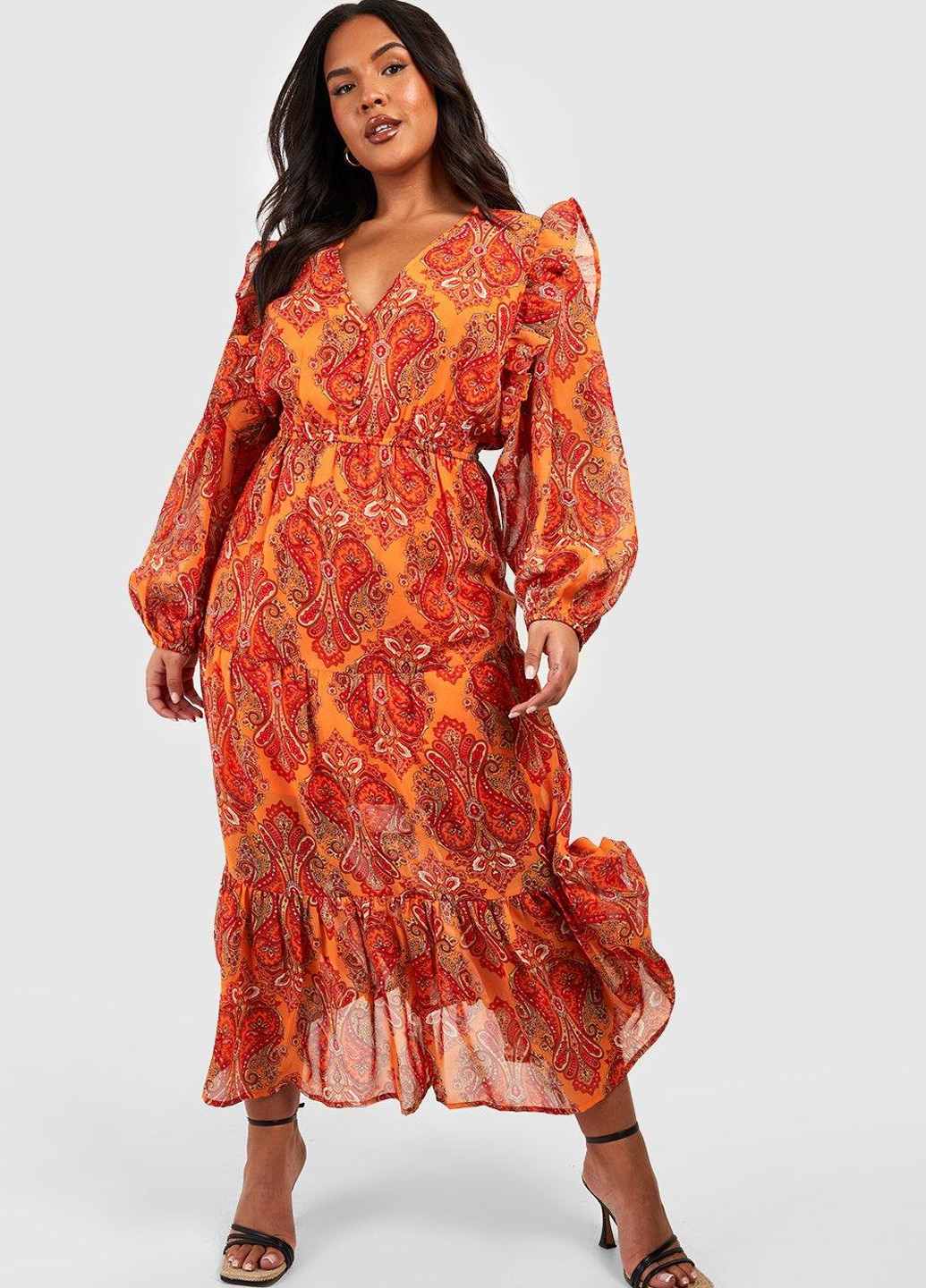 Оранжевое кэжуал платье клеш Boohoo с цветочным принтом