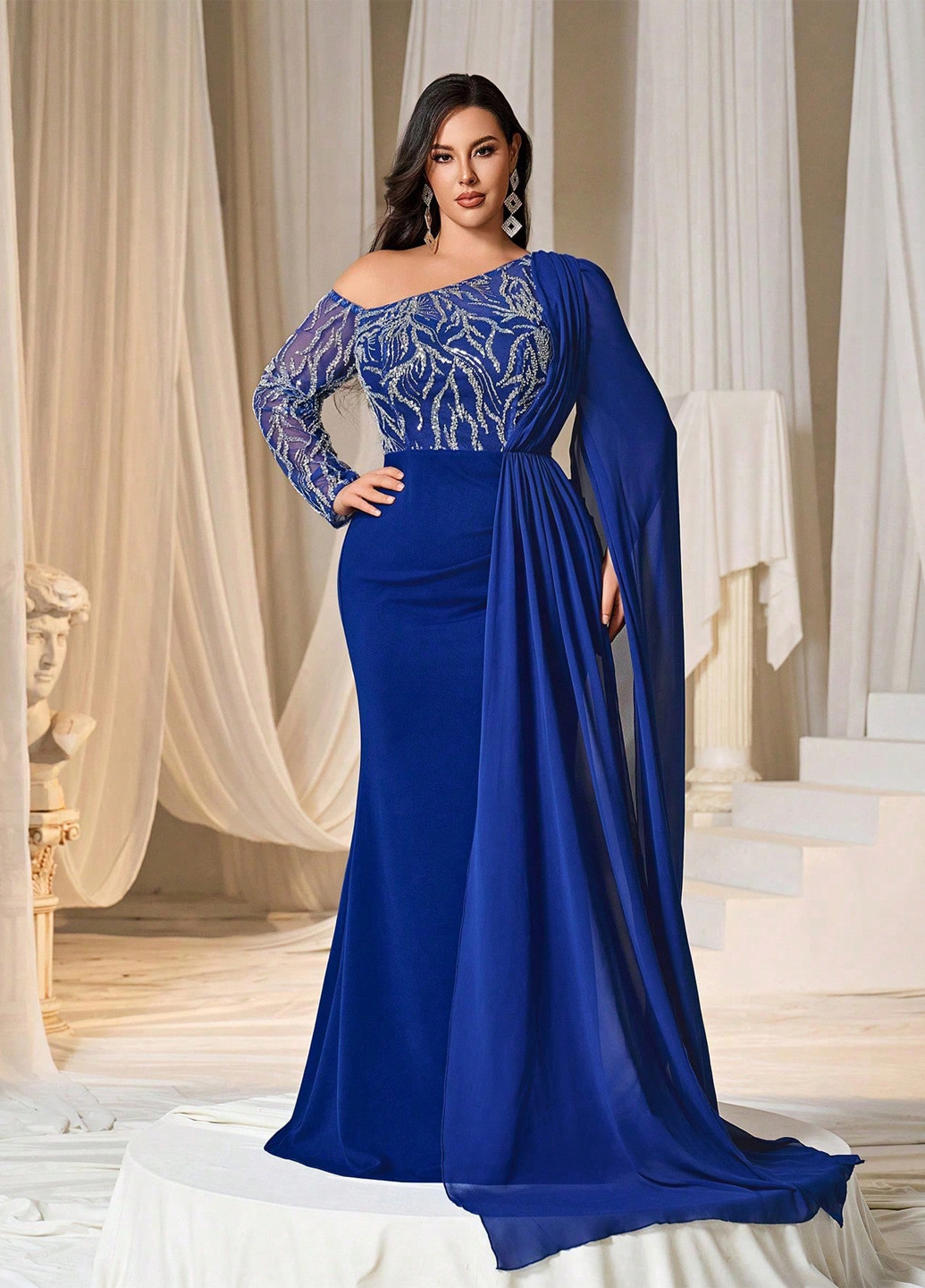 Синее праздничный, вечернее платье со шлейфом, а-силуэт SHEIN с абстрактным узором