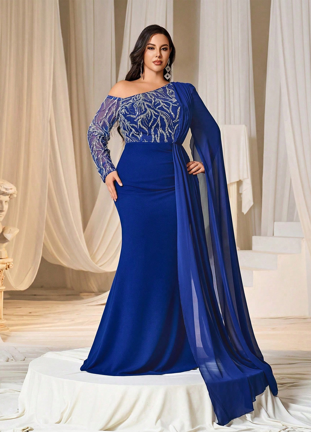 Синее праздничный, вечернее платье со шлейфом, а-силуэт SHEIN с абстрактным узором