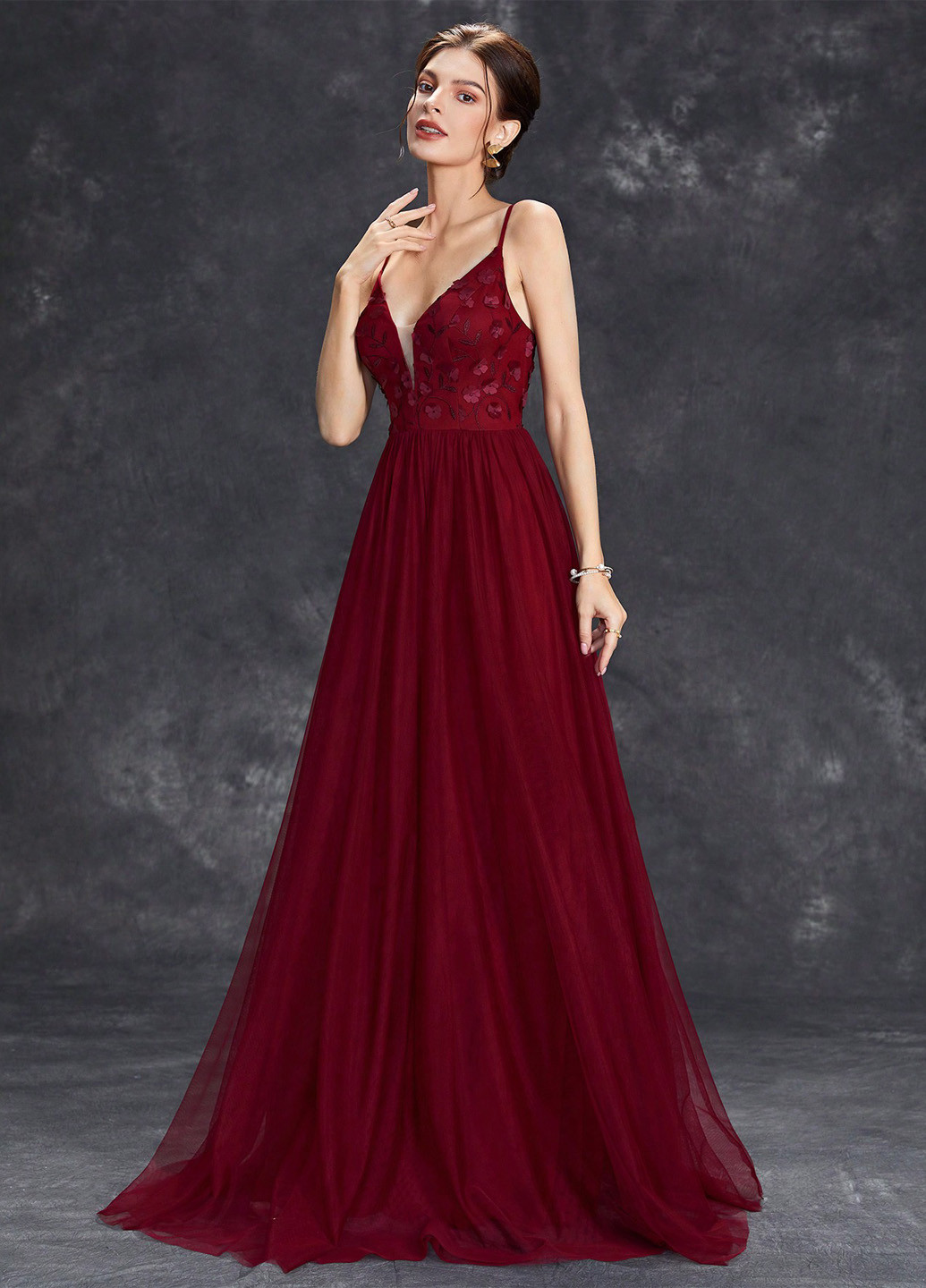 Бордовое вечернее, праздничный платье с пышной юбкой, а-силуэт, с открытой спиной SHEIN однотонное