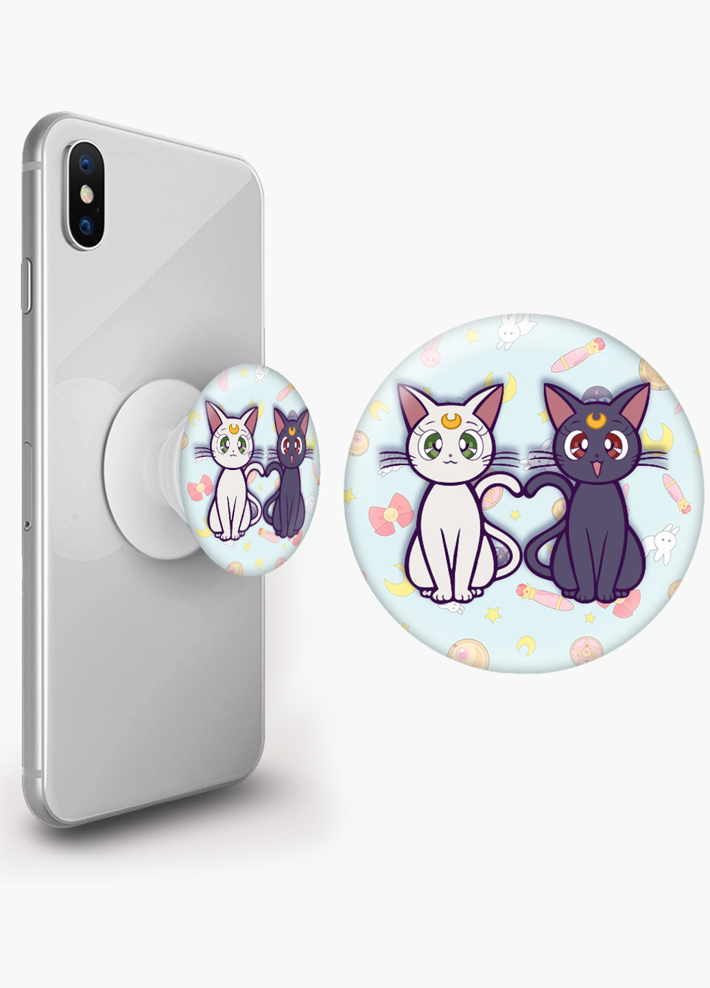 Попсокет (Popsockets) держатель для смартфона Луна Кошки Сейлор Мун (anime Sailor Moon Cats) (8754-2849) Черный MobiPrint (221548574)