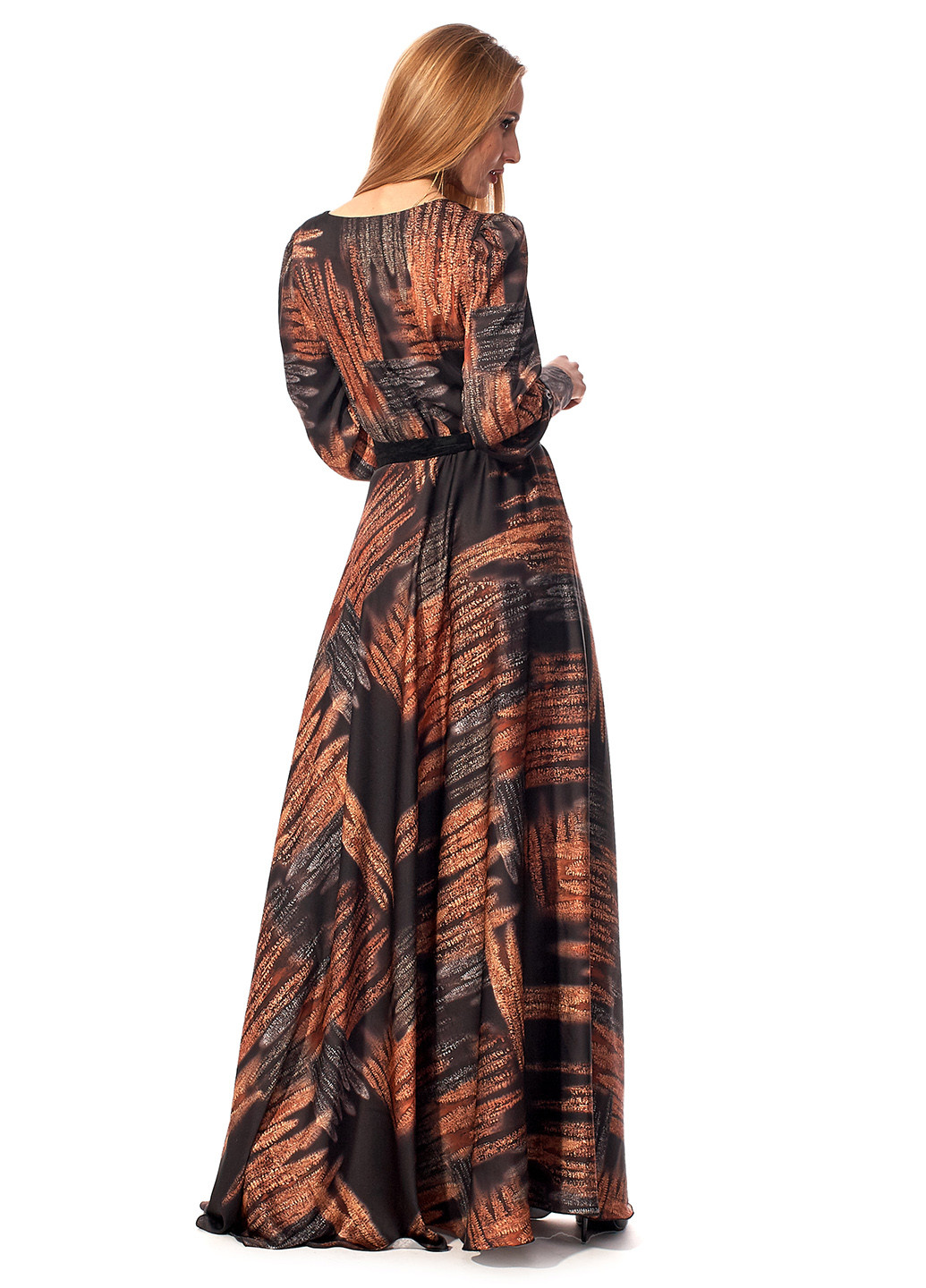 Коричневое вечернее платье на запах SL-Fashion с абстрактным узором