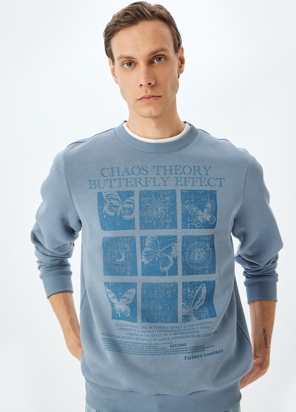 Серо-голубой свитшот KOTON рисунок без декора (362160136)