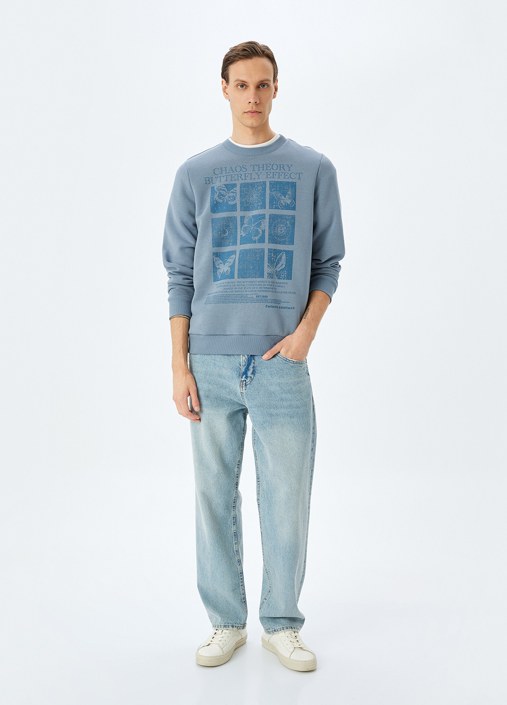 Серо-голубой свитшот KOTON рисунок без декора (362160136)