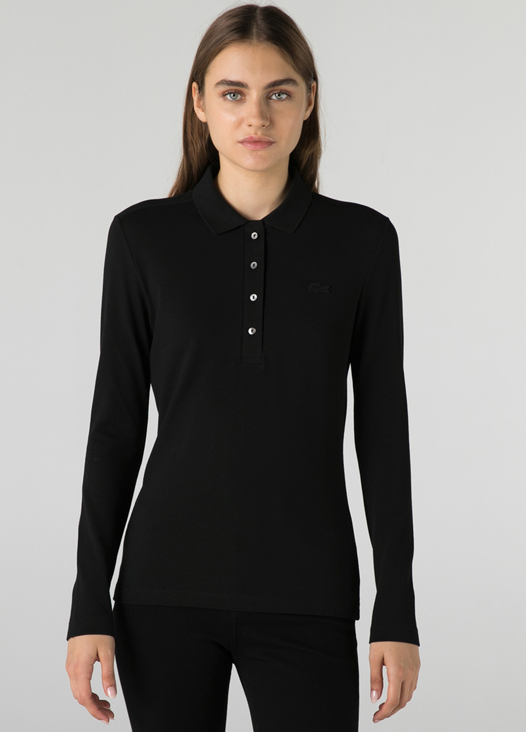 Черная женская футболка-поло Lacoste однотонная