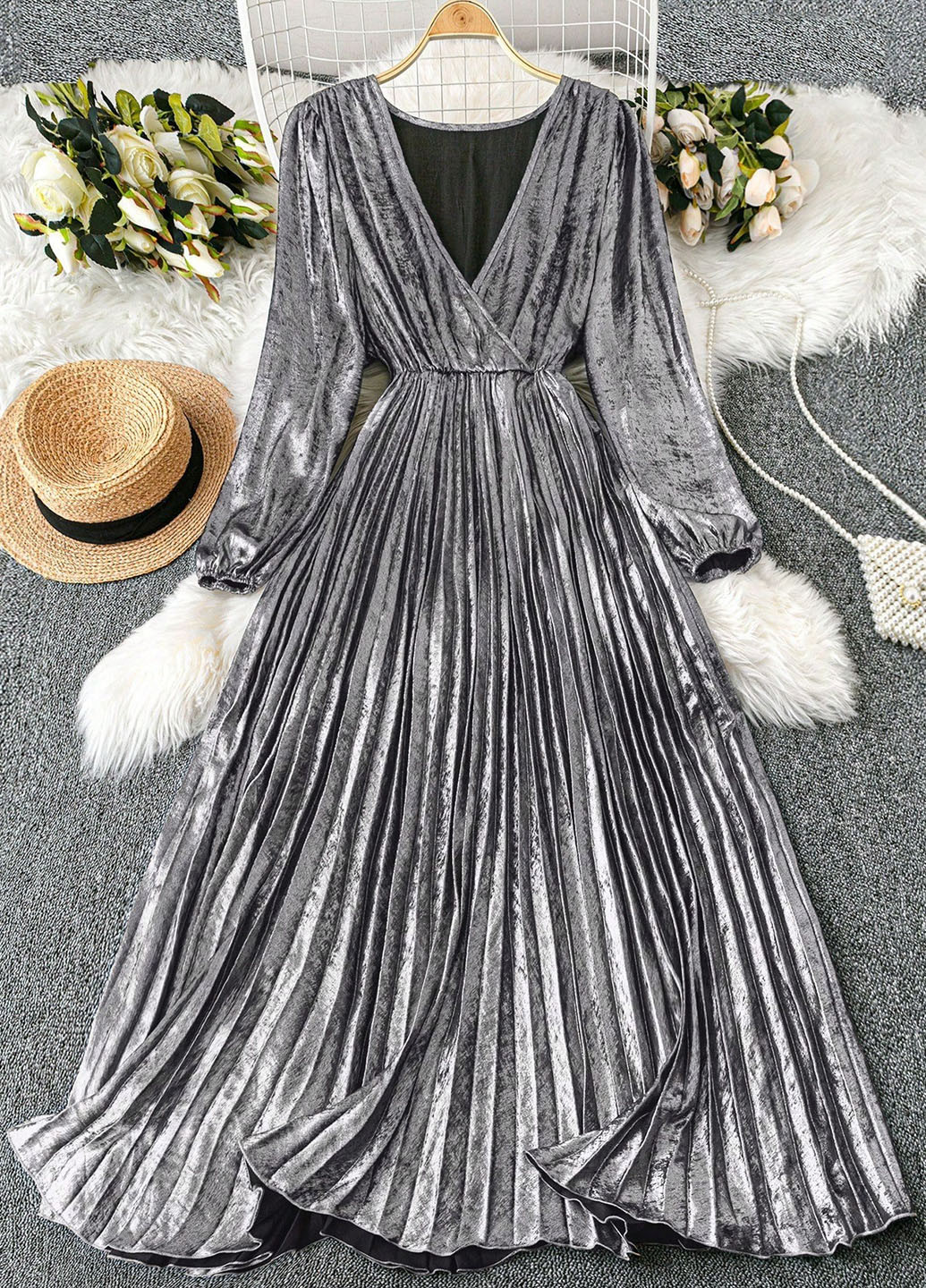 Срібна вечірня, кежуал сукня кльош, плісована SHEIN однотонна