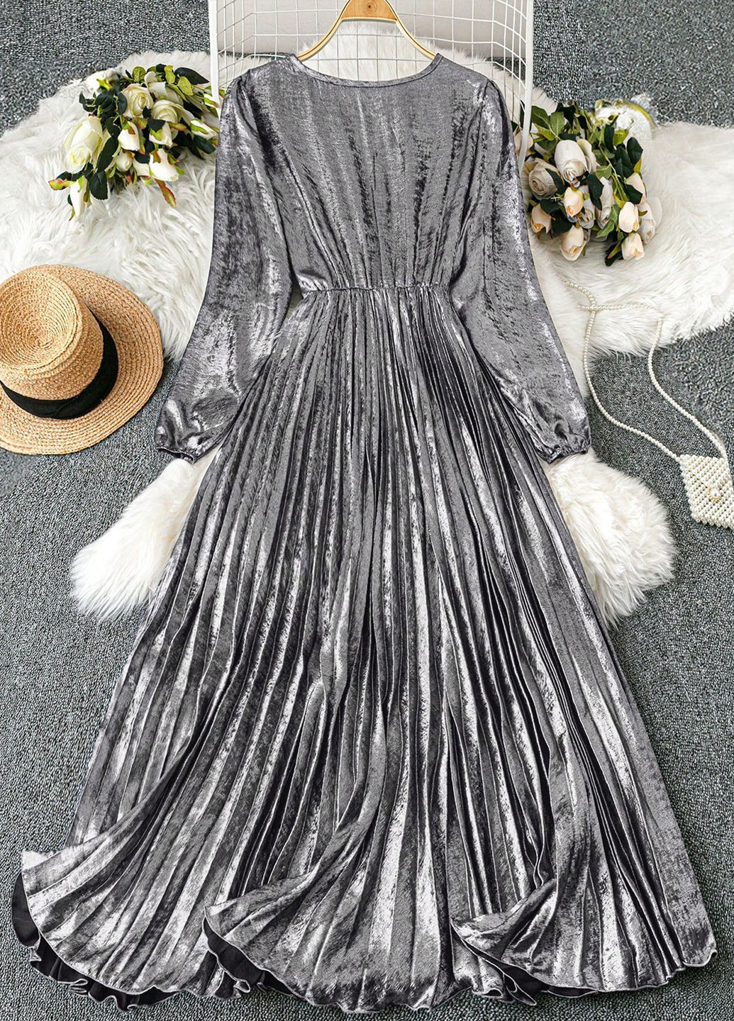 Срібна вечірня, кежуал сукня кльош, плісована SHEIN однотонна