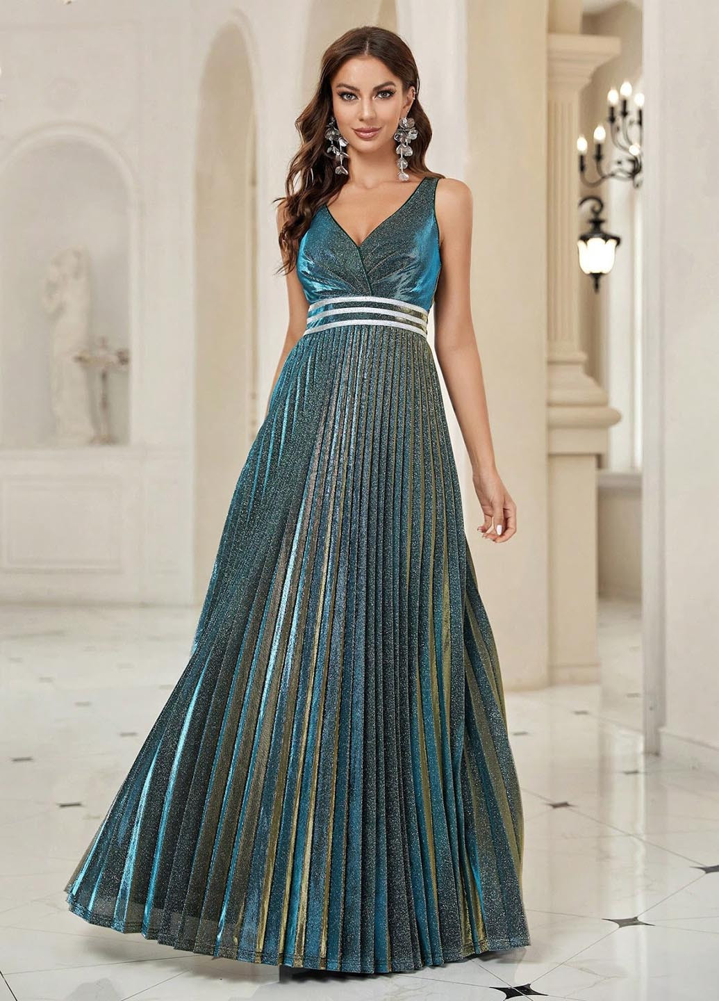 Темно-зелена вечірня сукня плісована, з відкритою спиною SHEIN однотонна