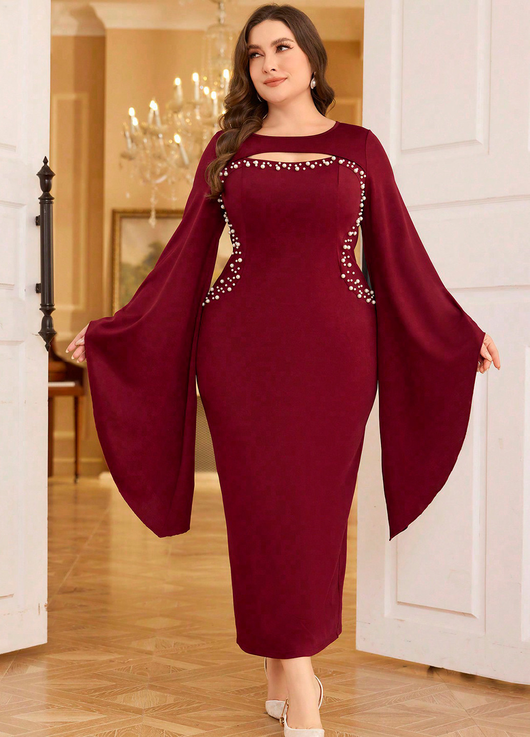 Бордовое праздничный, вечернее платье футляр SHEIN однотонное