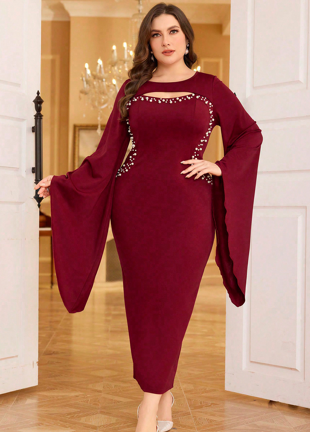 Бордовое праздничный, вечернее платье футляр SHEIN однотонное