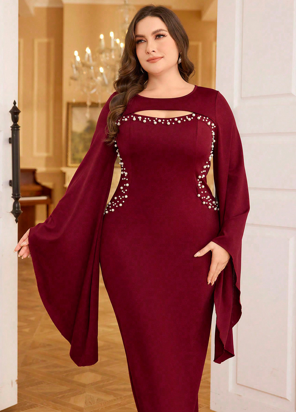 Бордовое праздничный, вечернее платье футляр SHEIN однотонное