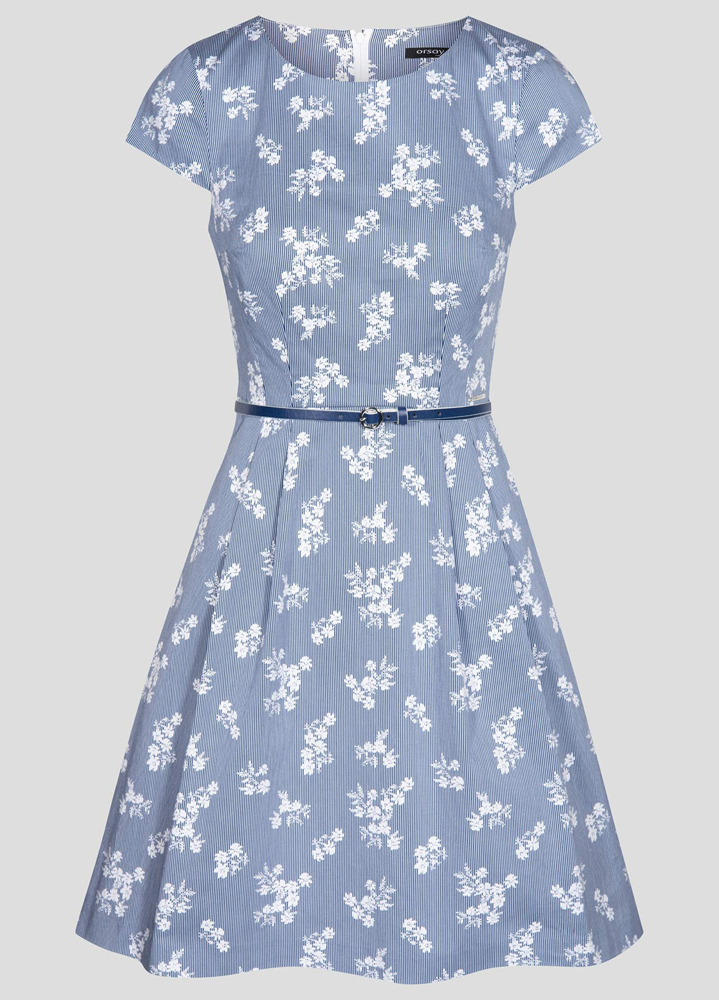 Синее кэжуал платье клеш, с коротким рукавом Orsay с цветочным принтом