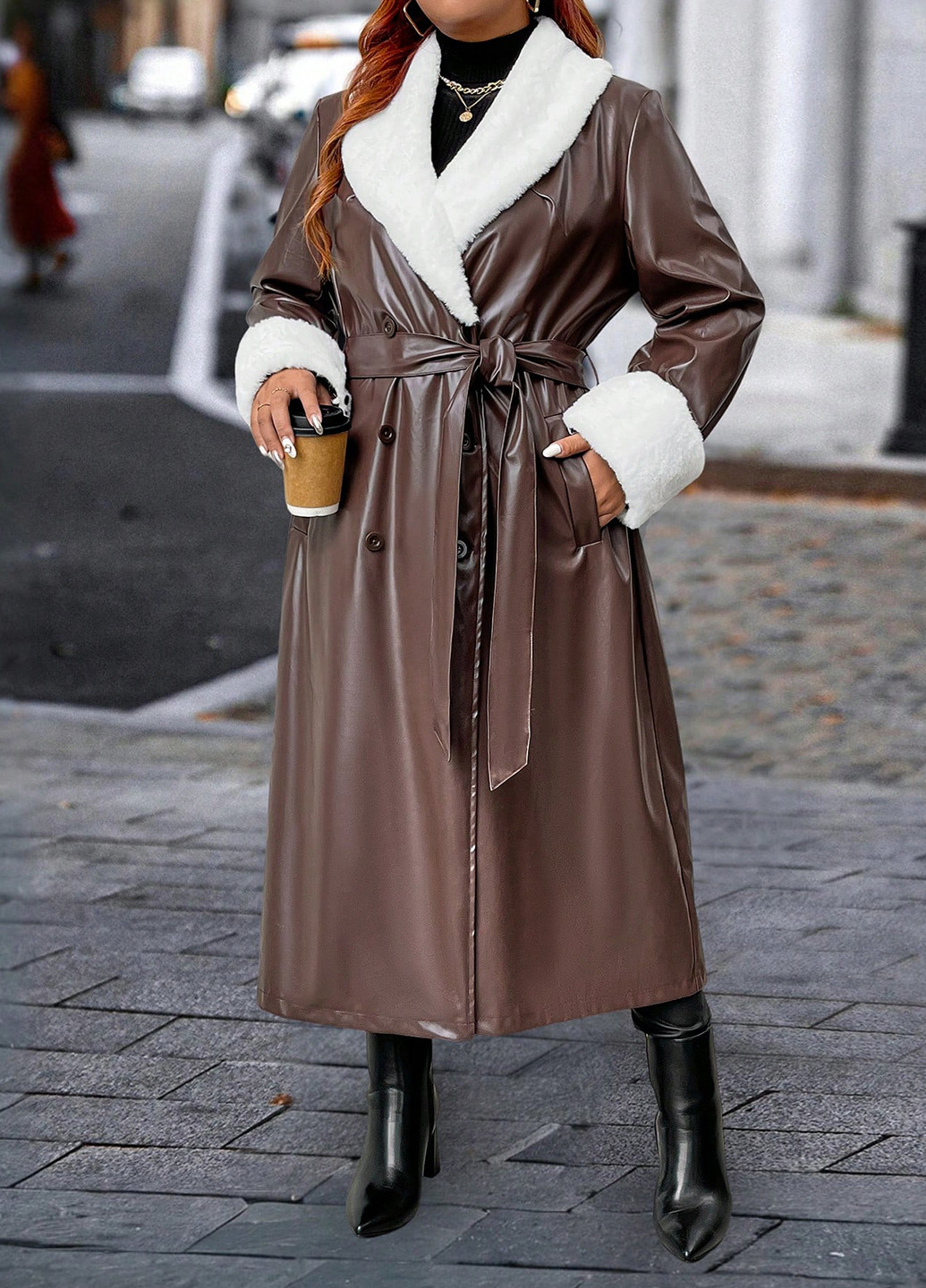 Коричневе зимнє Пальто двобортне SHEIN