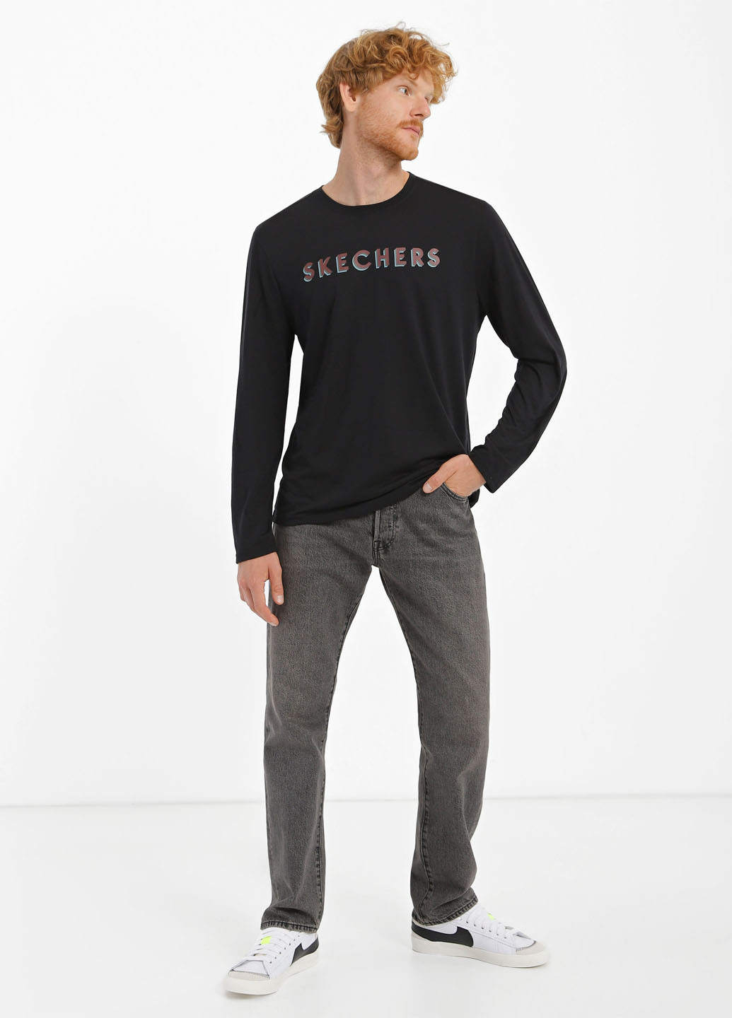 Лонгслів Skechers LT23 BLK логотип чорний кежуали, спортивні бавовна