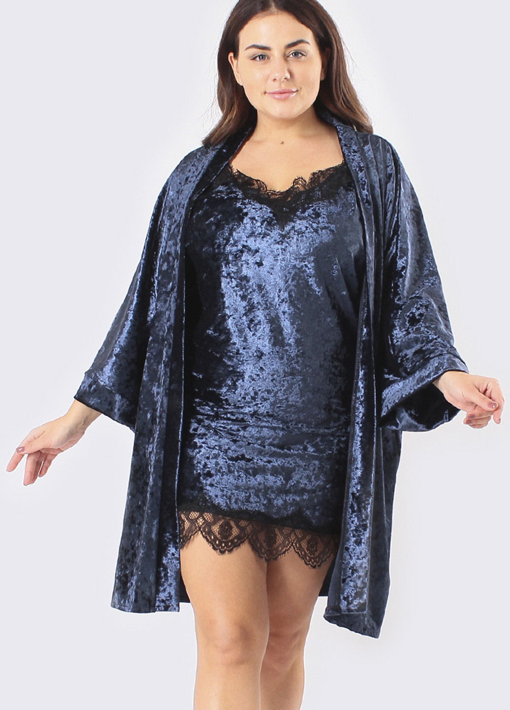 Темно-синий демисезонный комплект (ночная рубашка, халат) Ghazel