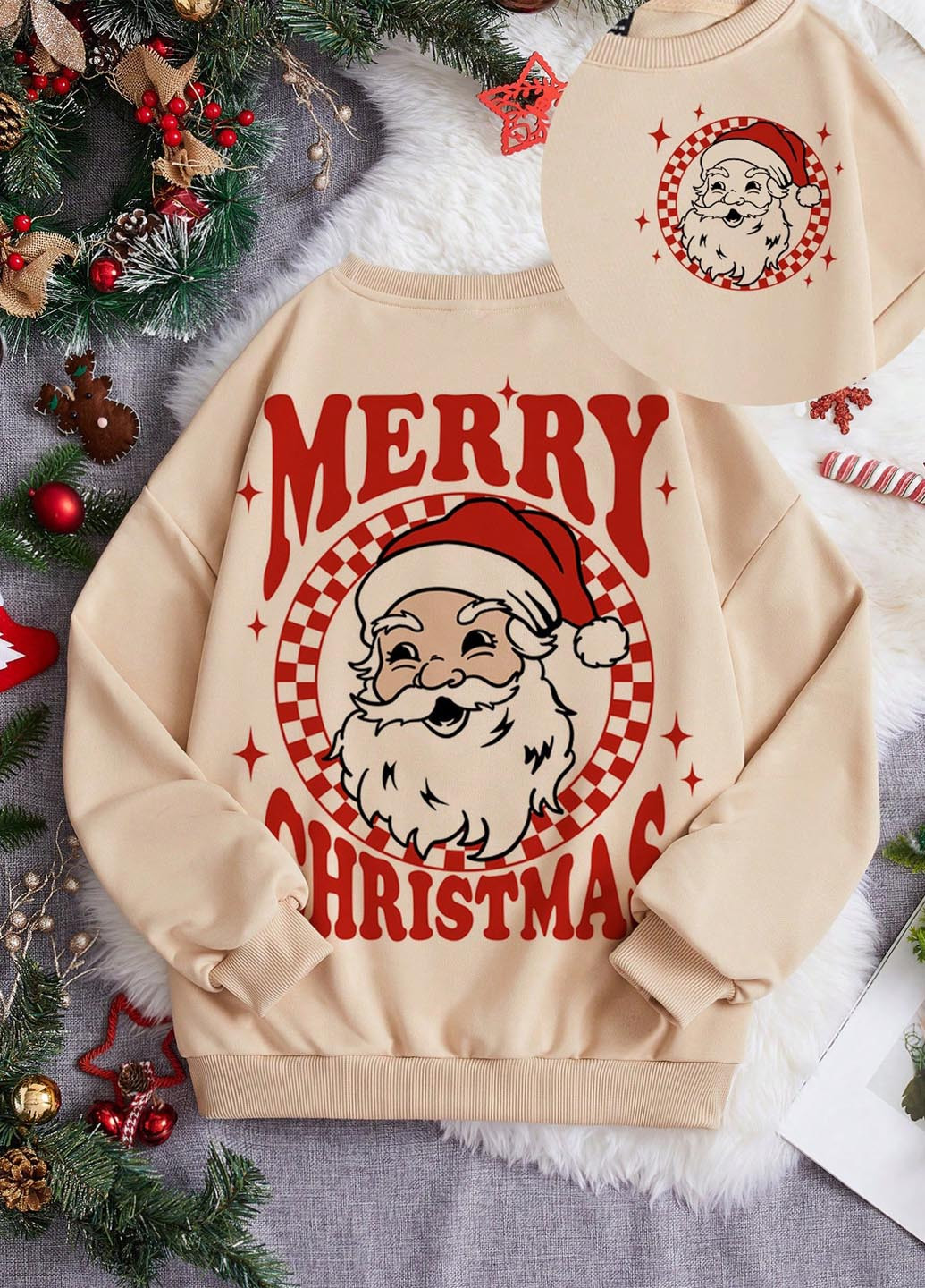 Бежевий світшот SHEIN новорічний без декору (365779487)