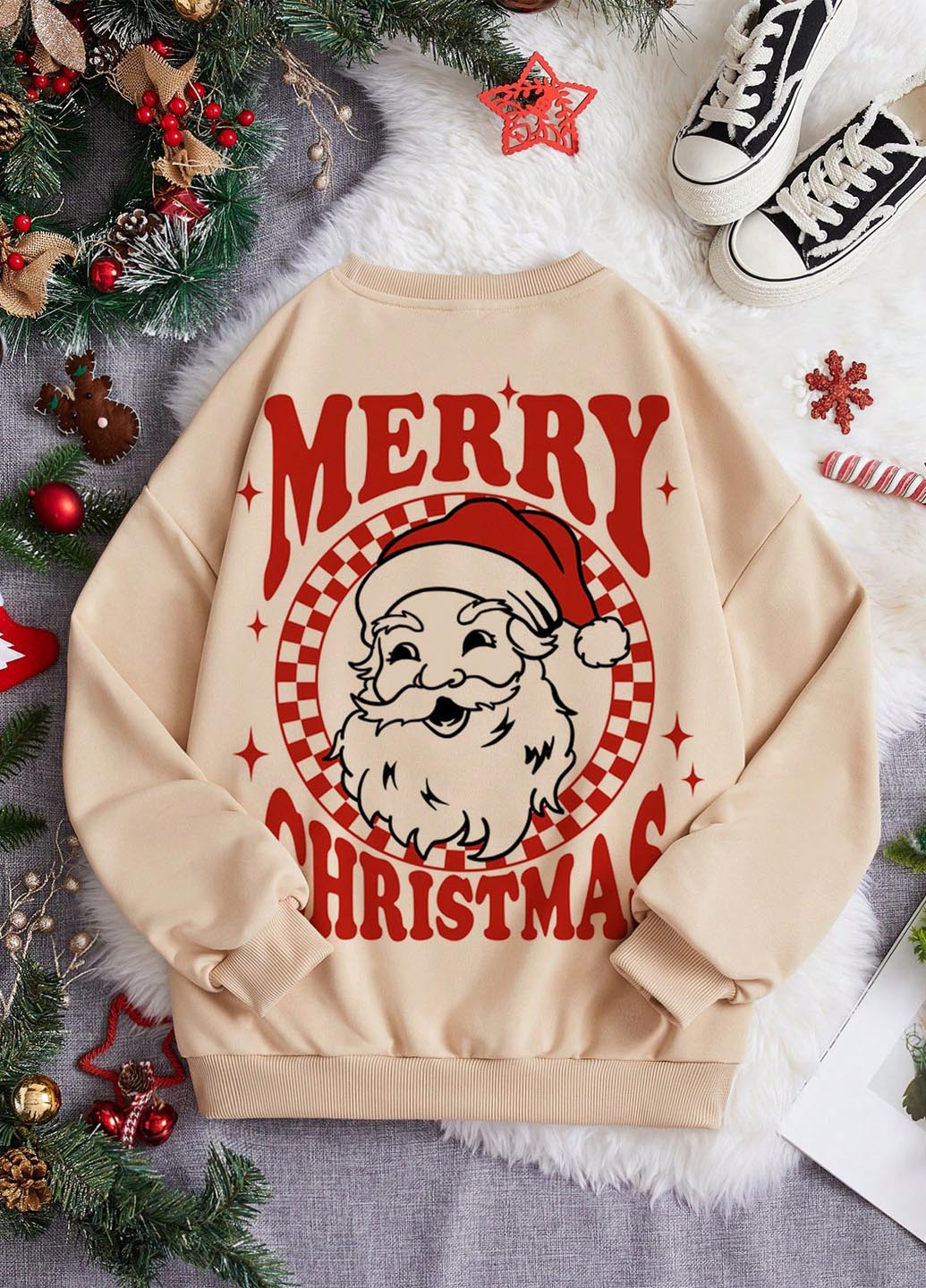 Бежевий світшот SHEIN новорічний без декору (365779487)