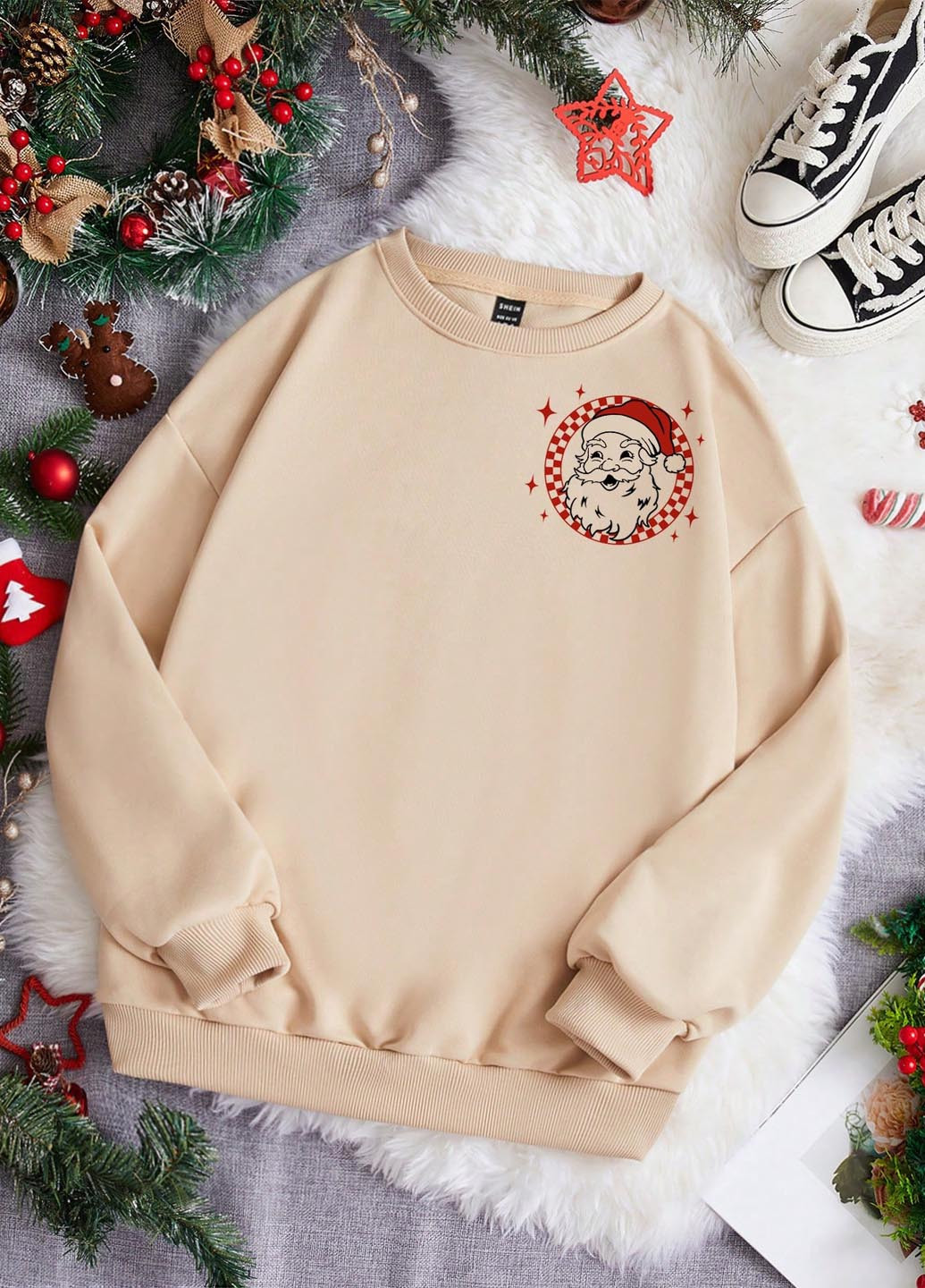 Бежевий світшот SHEIN новорічний без декору (365779487)