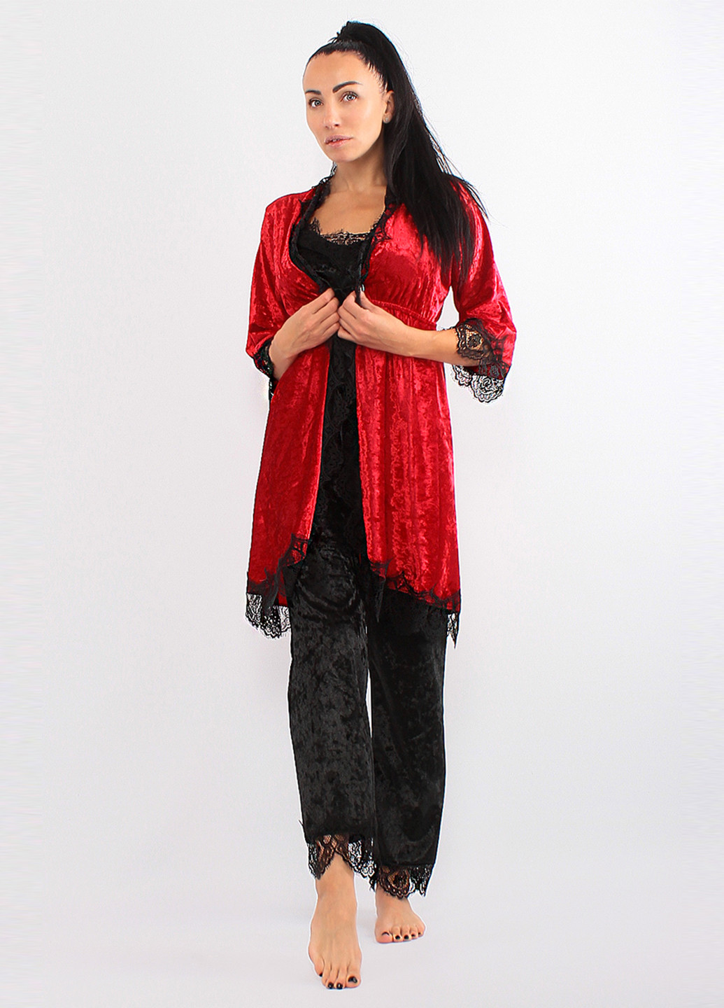Красный демисезонный комплект (халат, топ, брюки) Ghazel