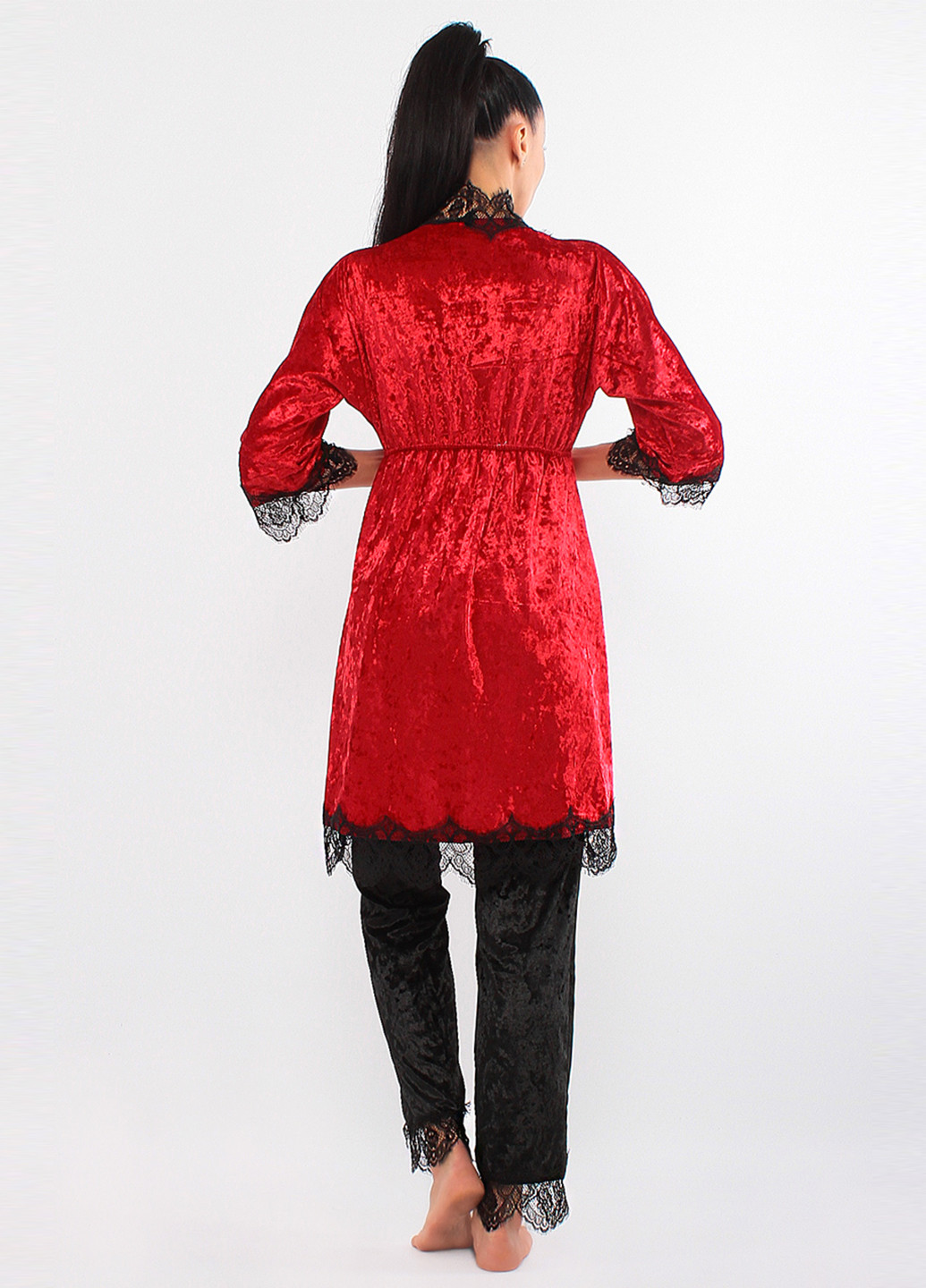 Красный демисезонный комплект (халат, топ, брюки) Ghazel