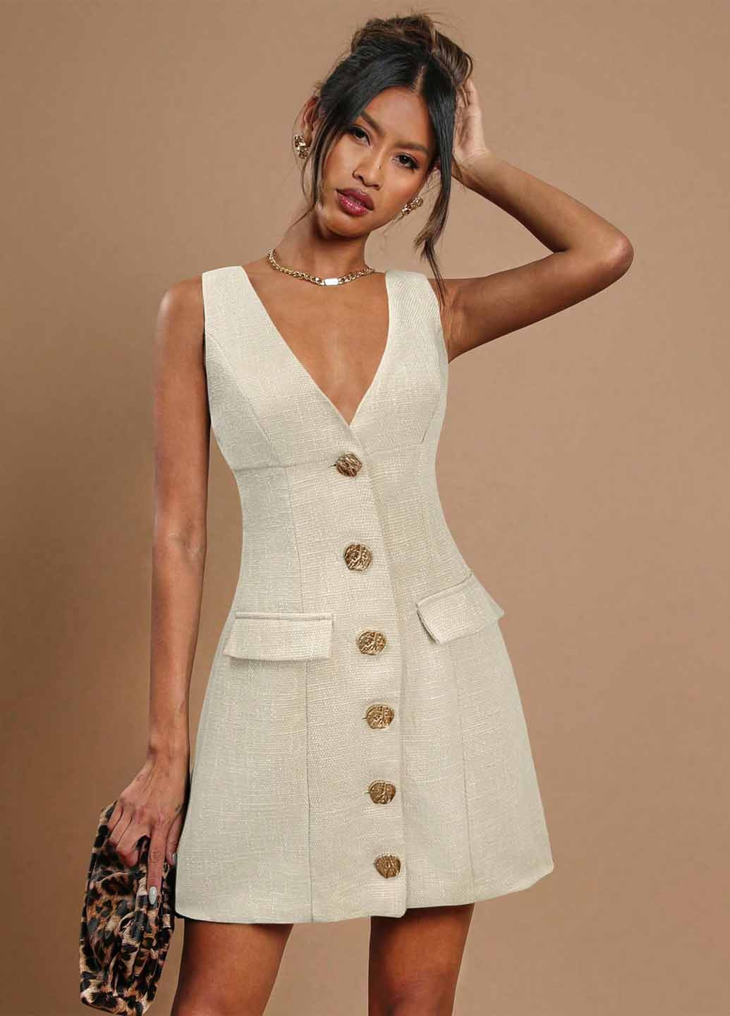 Кремовое коктейльное, кэжуал платье SHEIN однотонное