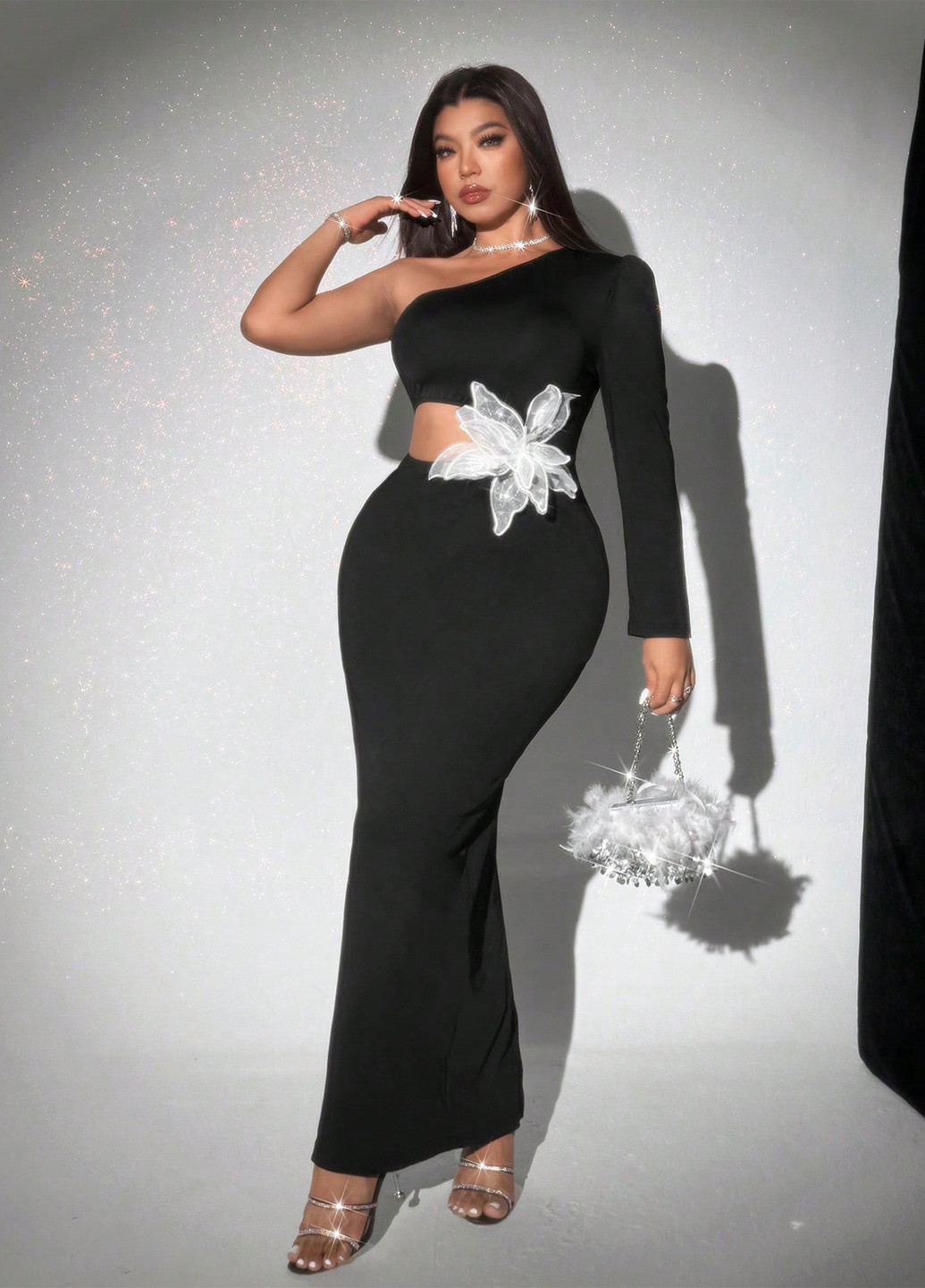 Чорна святковий, вечірня сукня на одне плече SHEIN однотонна