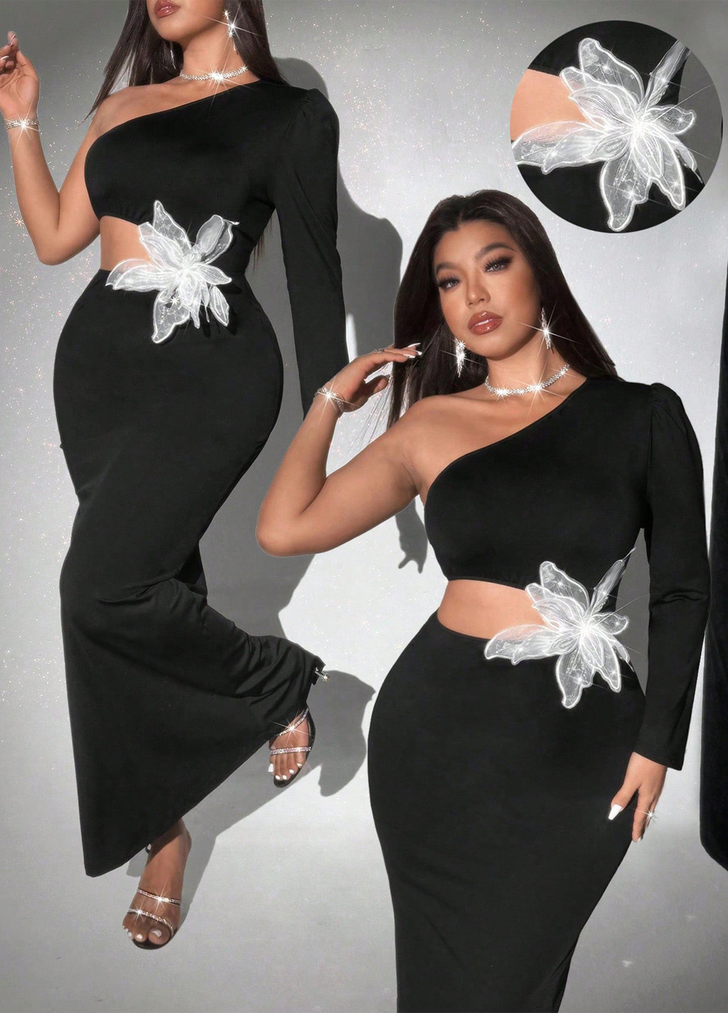 Чорна святковий, вечірня сукня на одне плече SHEIN однотонна