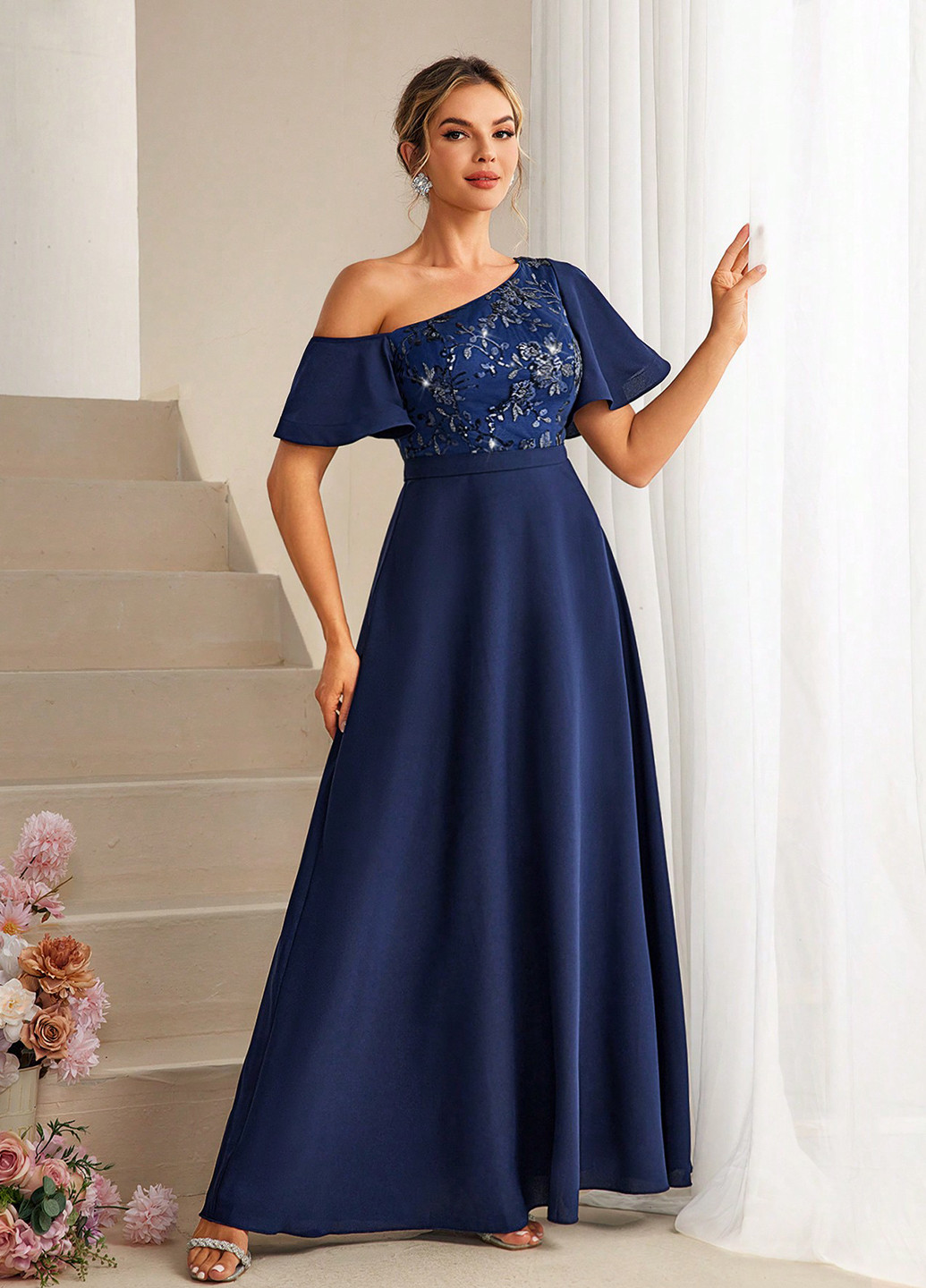 Темно-синя вечірня сукня кльош SHEIN однотонна