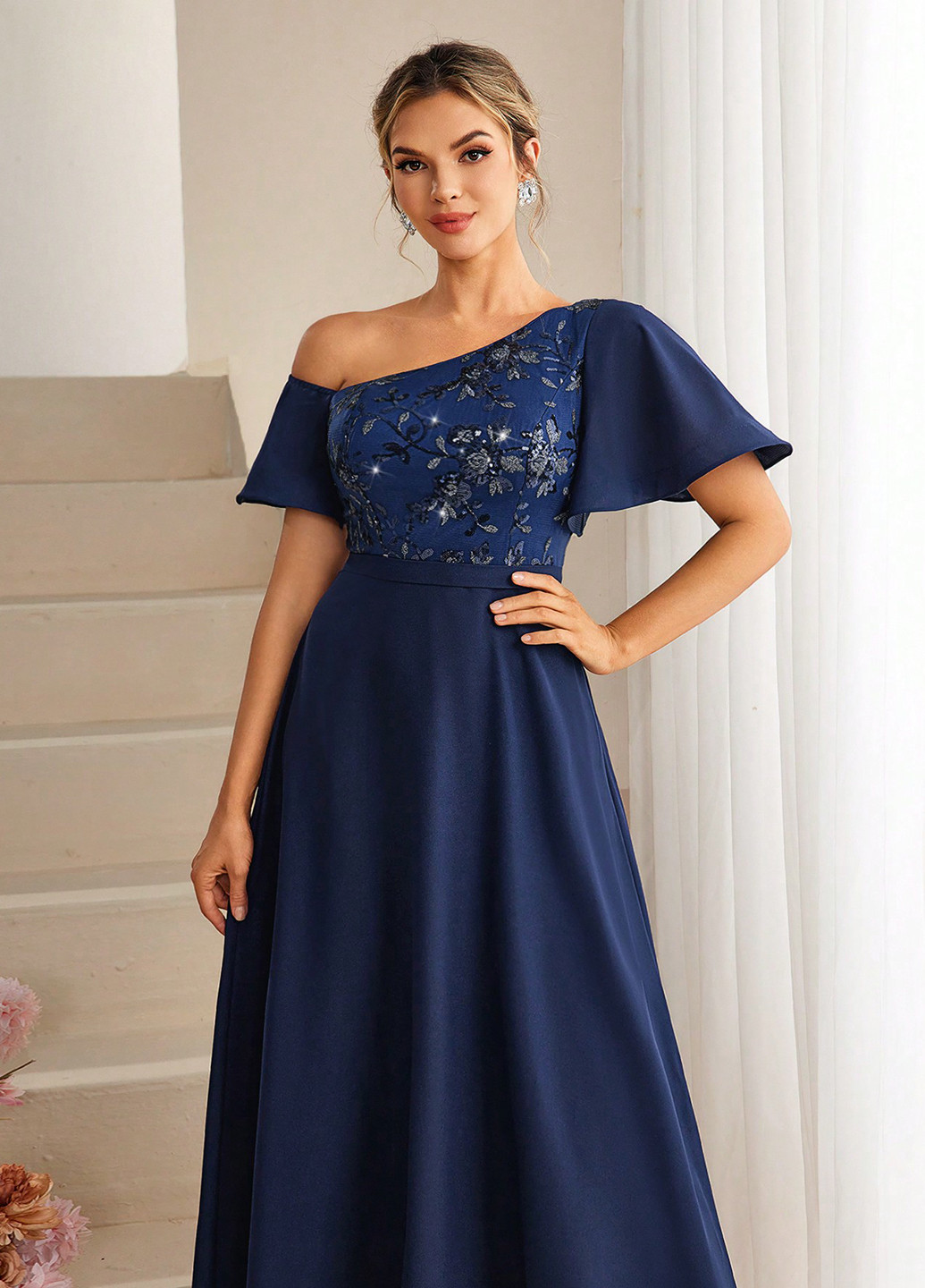 Темно-синя вечірня сукня кльош SHEIN однотонна