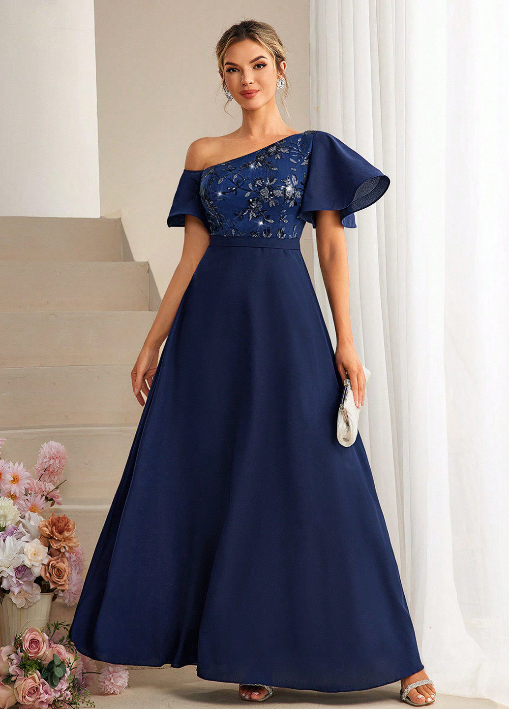 Темно-синя вечірня сукня кльош SHEIN однотонна