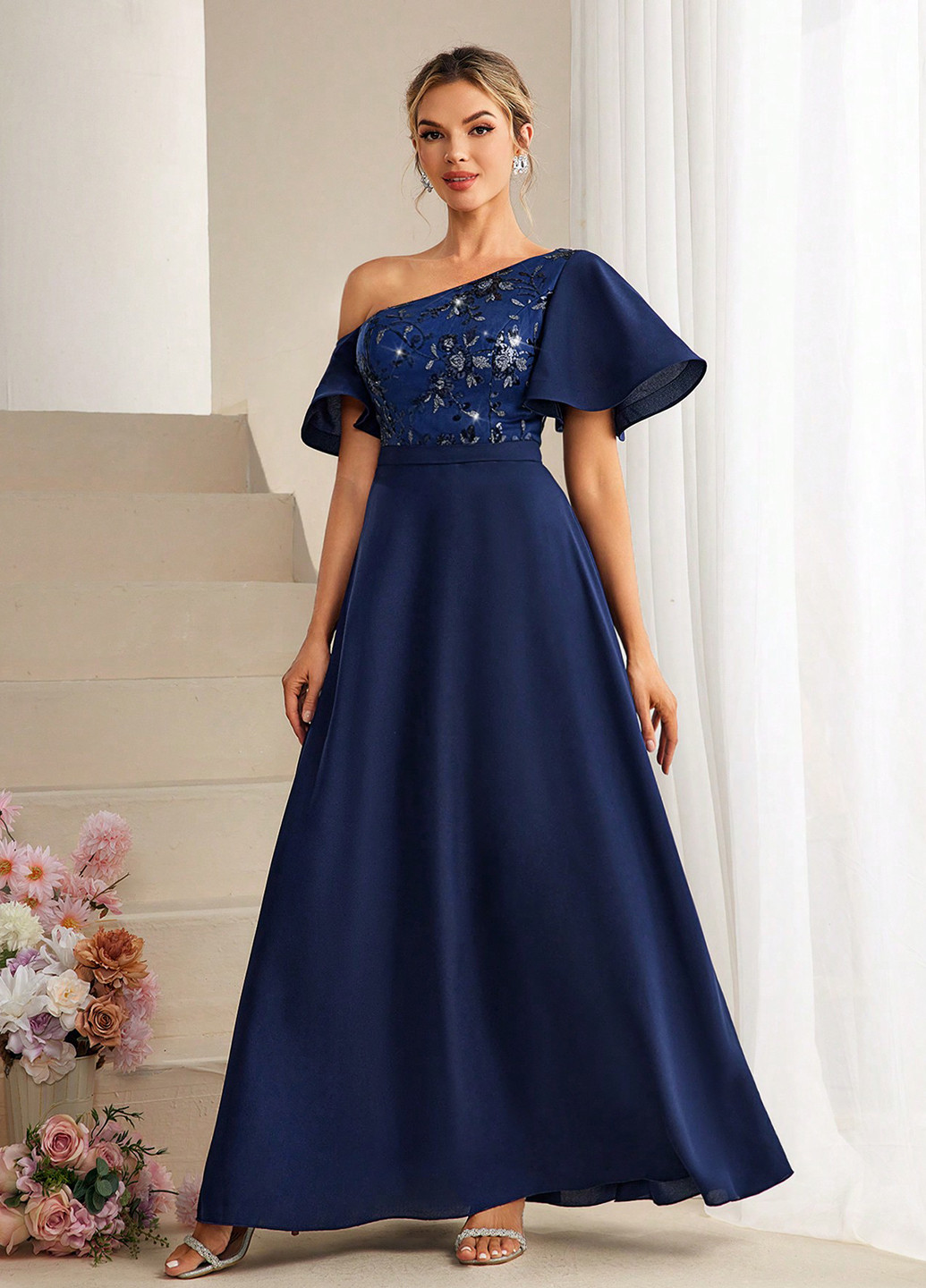 Темно-синя вечірня сукня кльош SHEIN однотонна