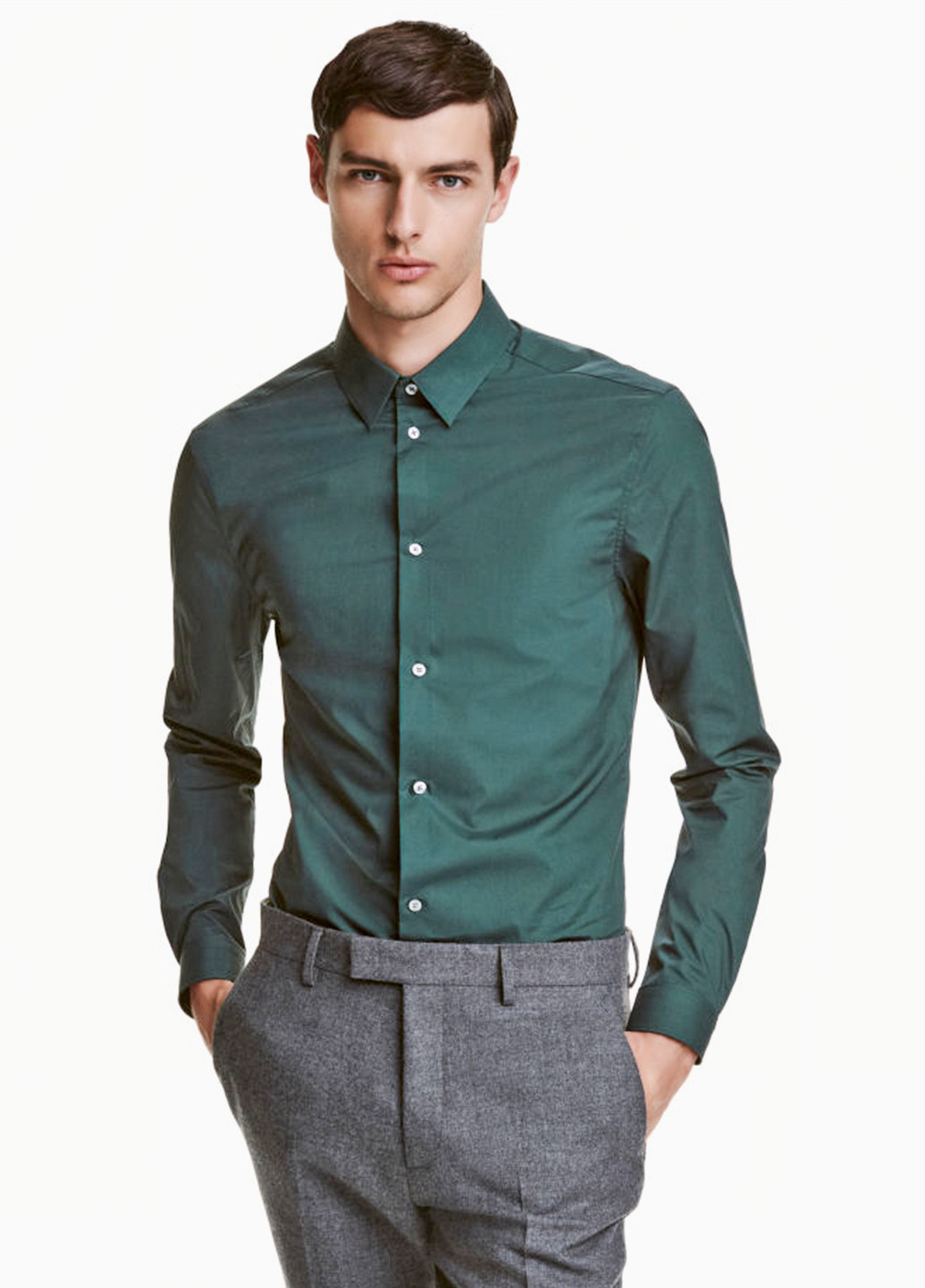 Бутылочная зеленая классическая рубашка однотонная H&M с длинным рукавом