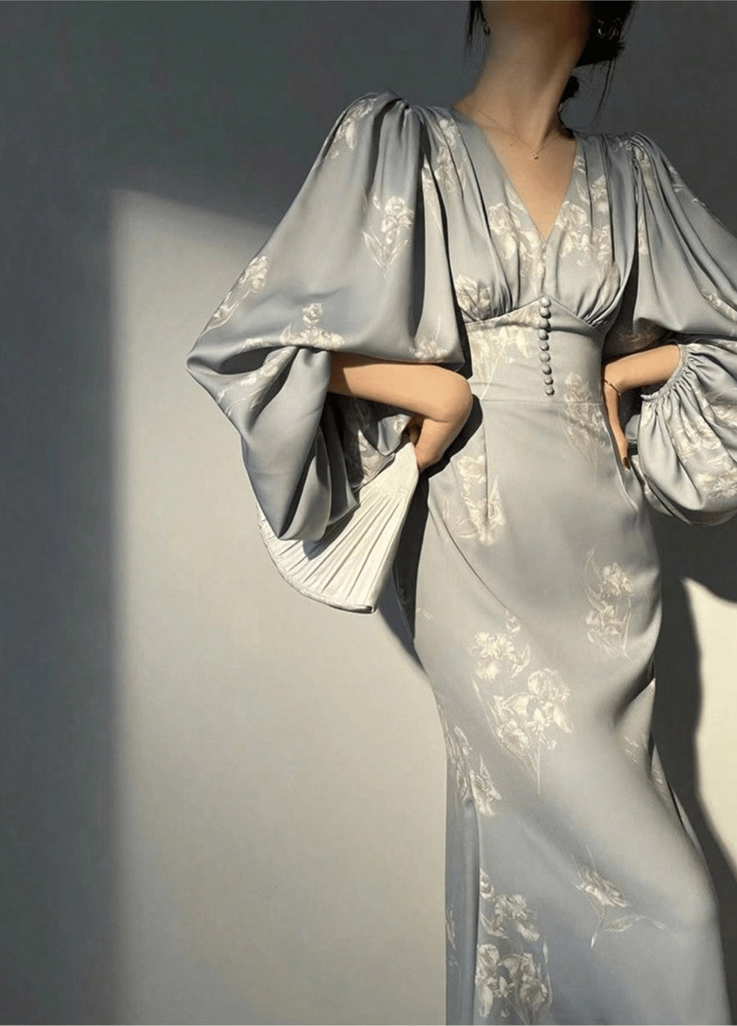 Блакитна вечірня сукня в стилі армпір SHEIN з квітковим принтом