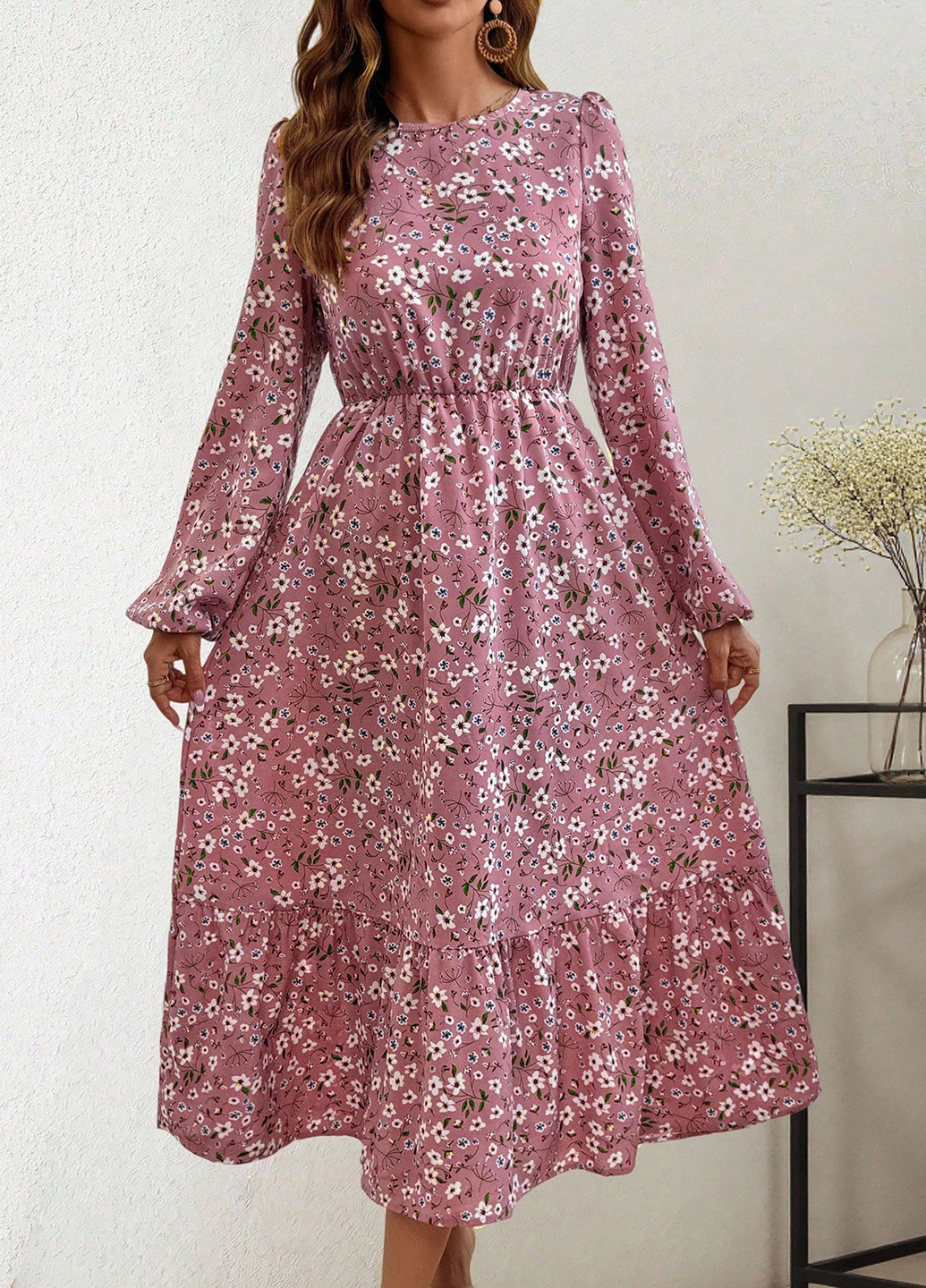 Розовое праздничный, кэжуал платье клеш SHEIN с цветочным принтом