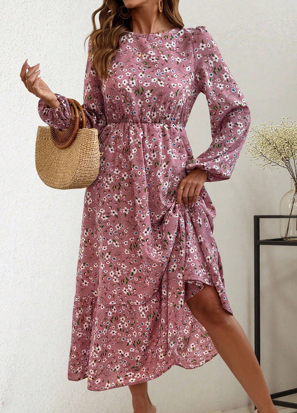 Розовое праздничный, кэжуал платье клеш SHEIN с цветочным принтом