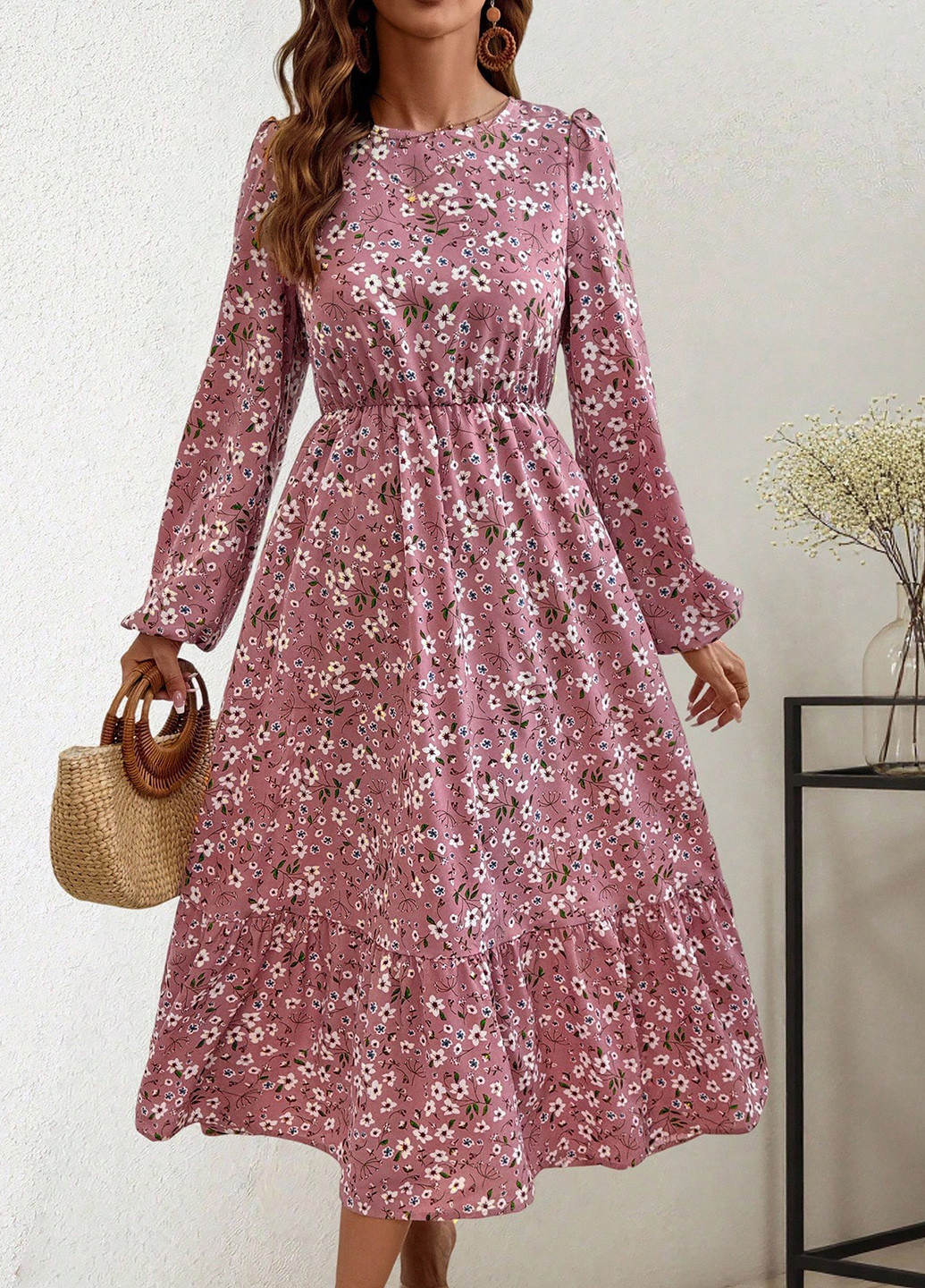 Розовое праздничный, кэжуал платье клеш SHEIN с цветочным принтом