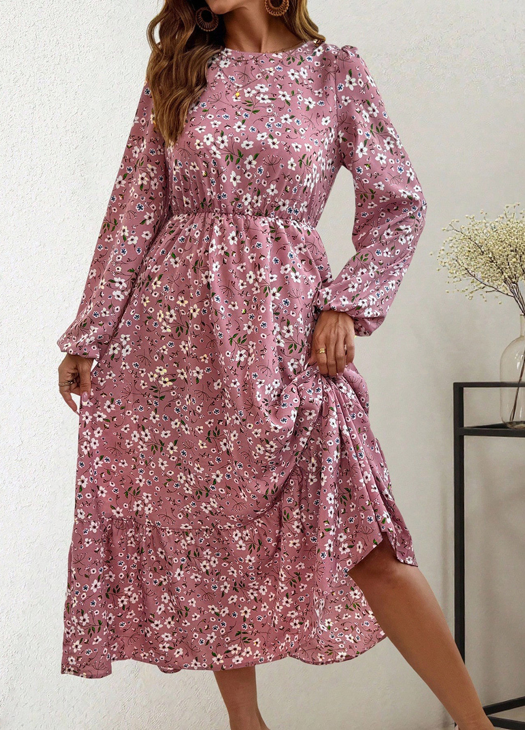 Розовое праздничный, кэжуал платье клеш SHEIN с цветочным принтом