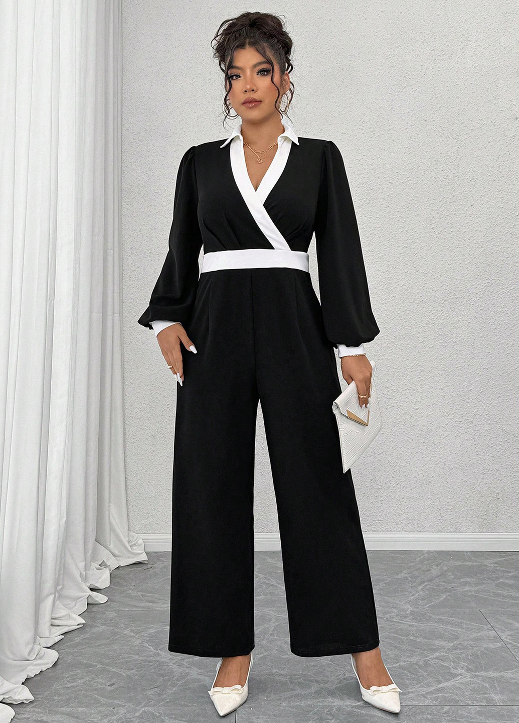 Комбинезон SHEIN комбинезон-брюки колор блок чёрно-белого кэжуал полиэстер