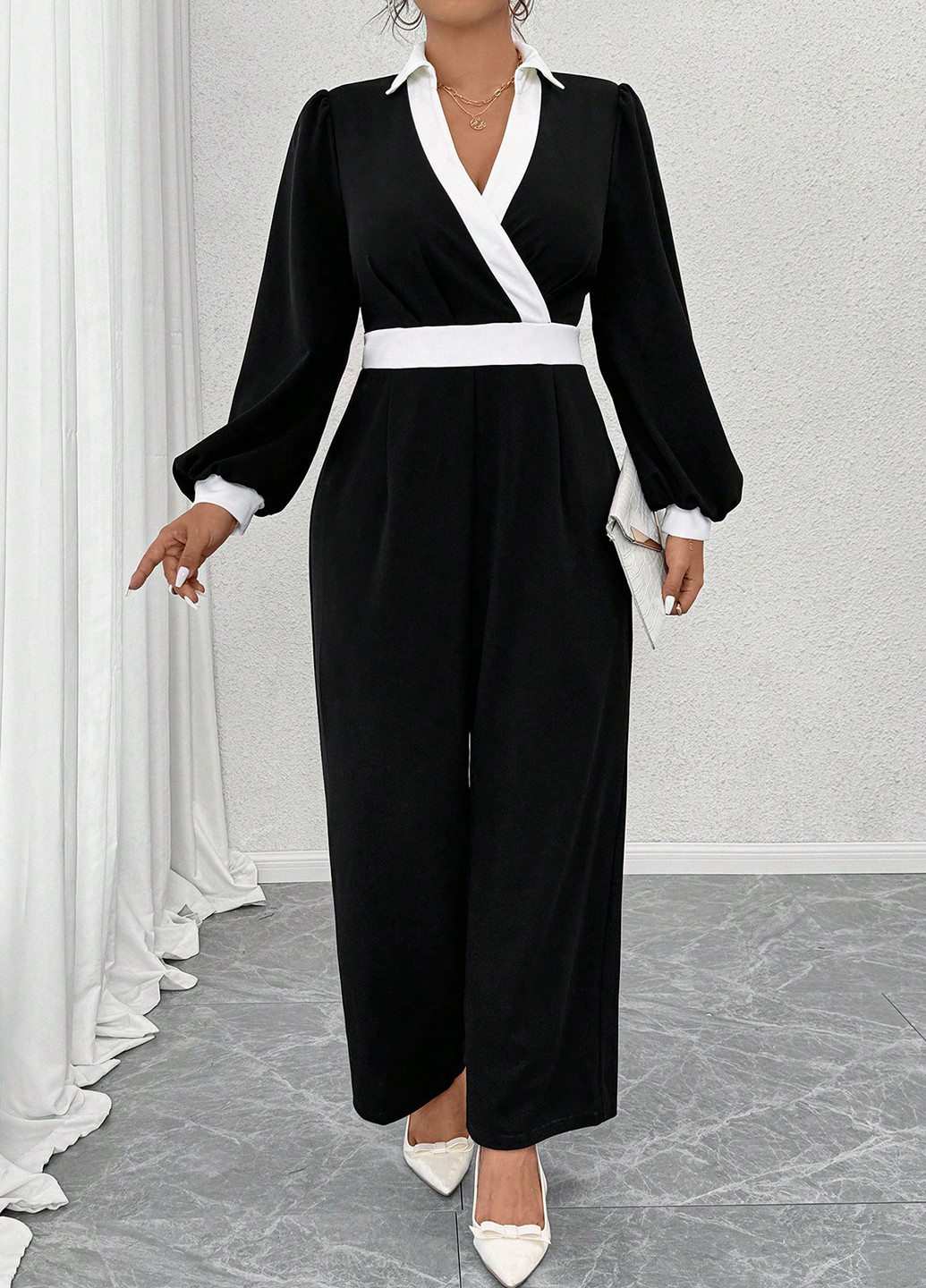 Комбинезон SHEIN комбинезон-брюки колор блок чёрно-белого кэжуал полиэстер