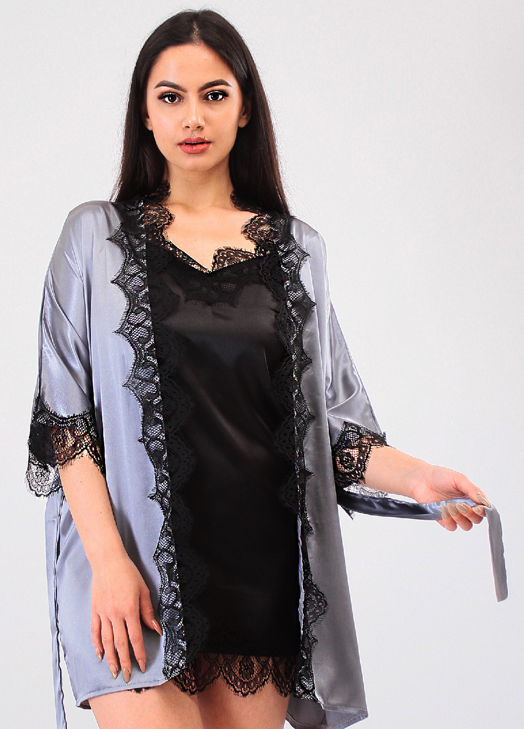 Светло-серый демисезонный комплект (ночная рубашка, халат) Ghazel