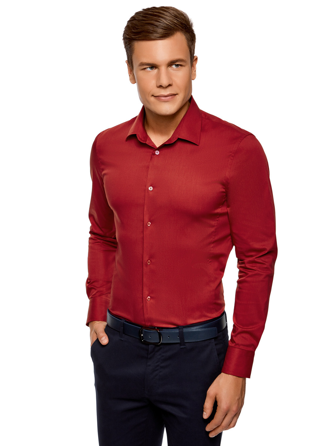 Красная кэжуал рубашка однотонная Oodji с длинным рукавом