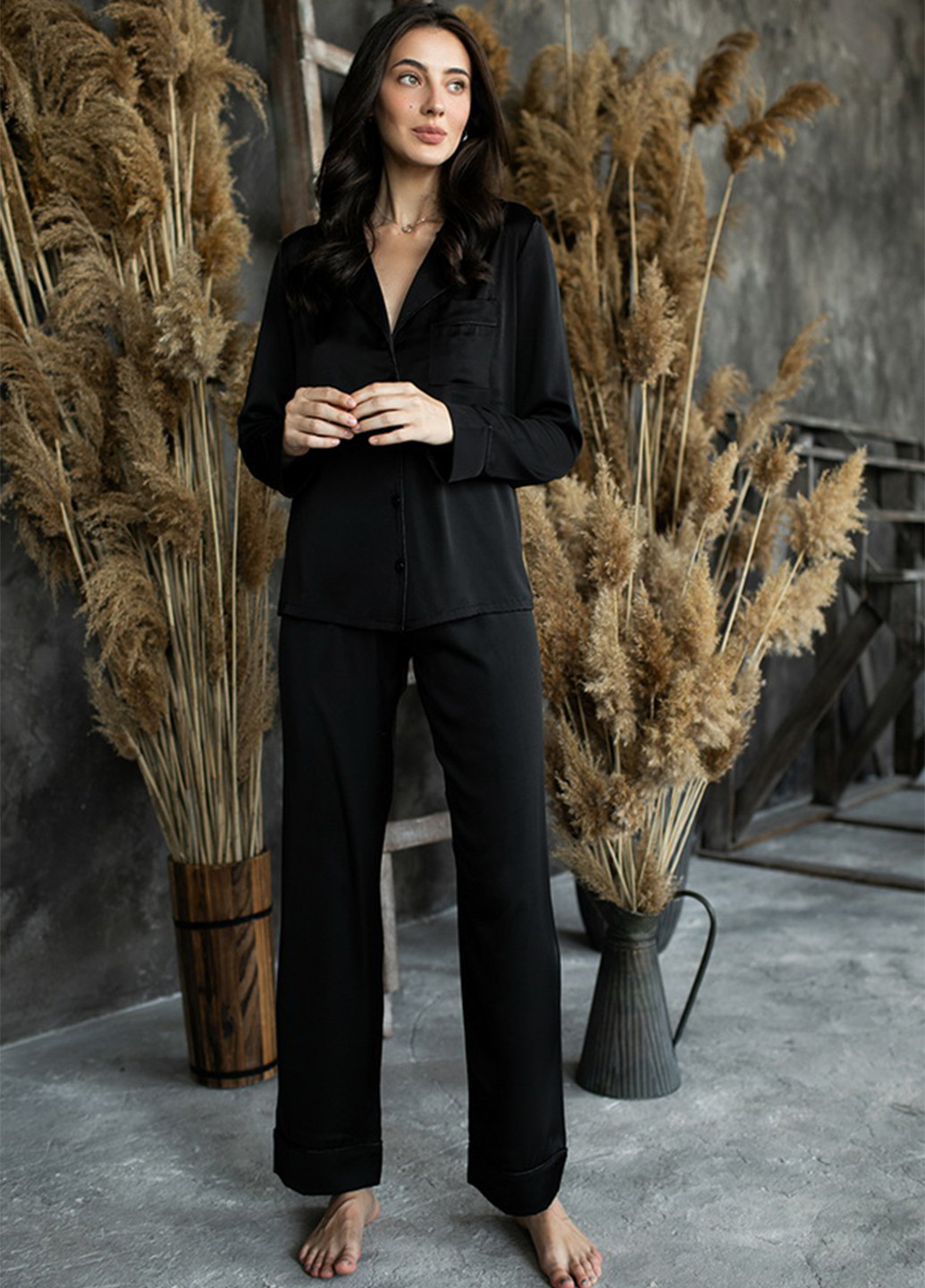Чорна всесезон піжамний шовковий костюм total black сорочка + брюки Forly