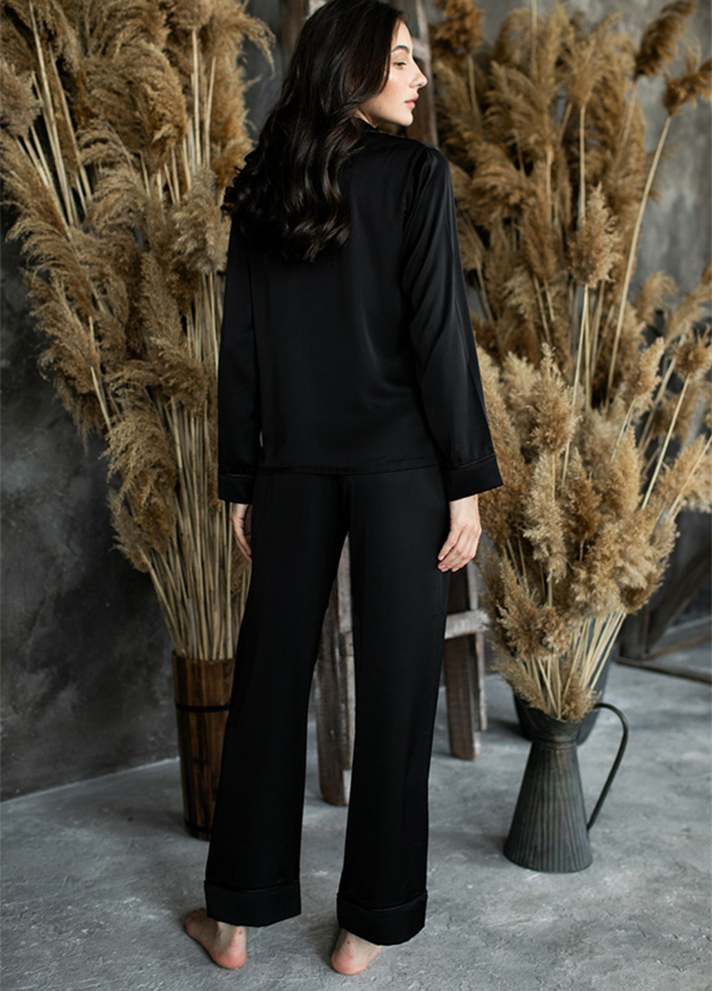 Чорна всесезон піжамний шовковий костюм total black сорочка + брюки Forly