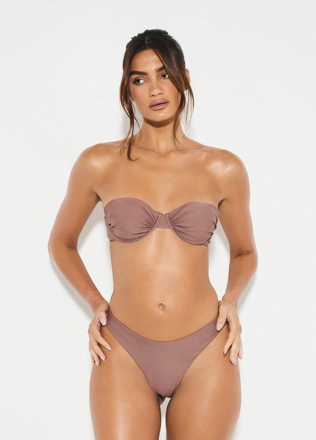 Светло-коричневый летний купальник (лиф, трусики) бандо, раздельный SHEIN