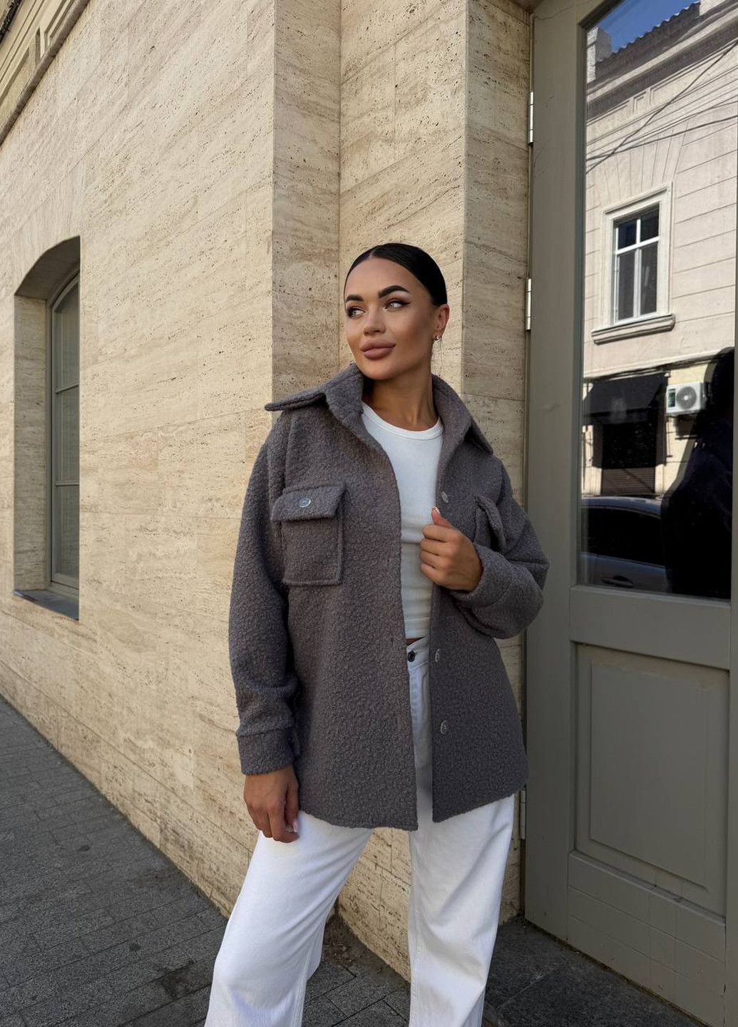 Серая кэжуал рубашка однотонная No Brand