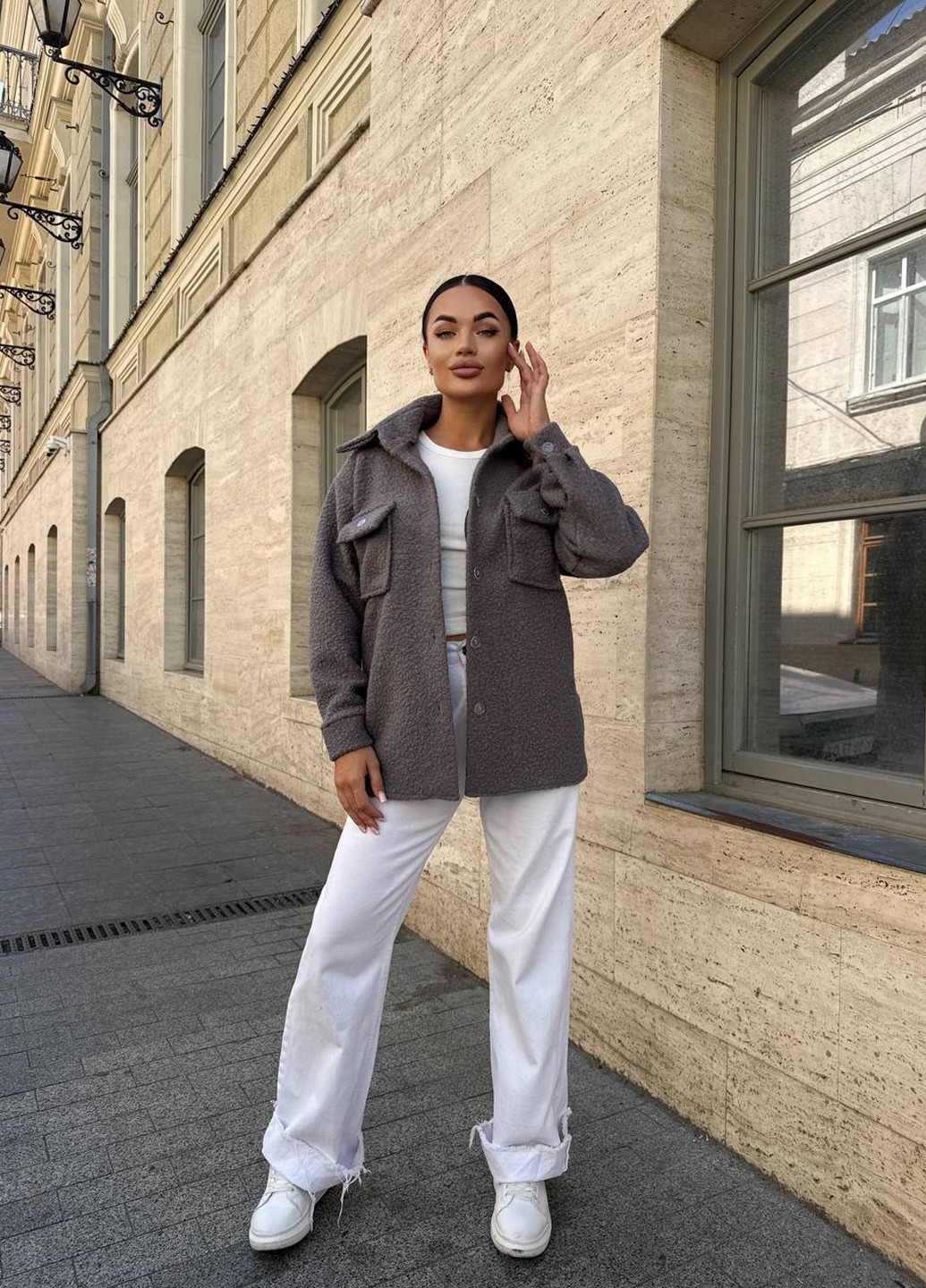 Серая кэжуал рубашка однотонная No Brand