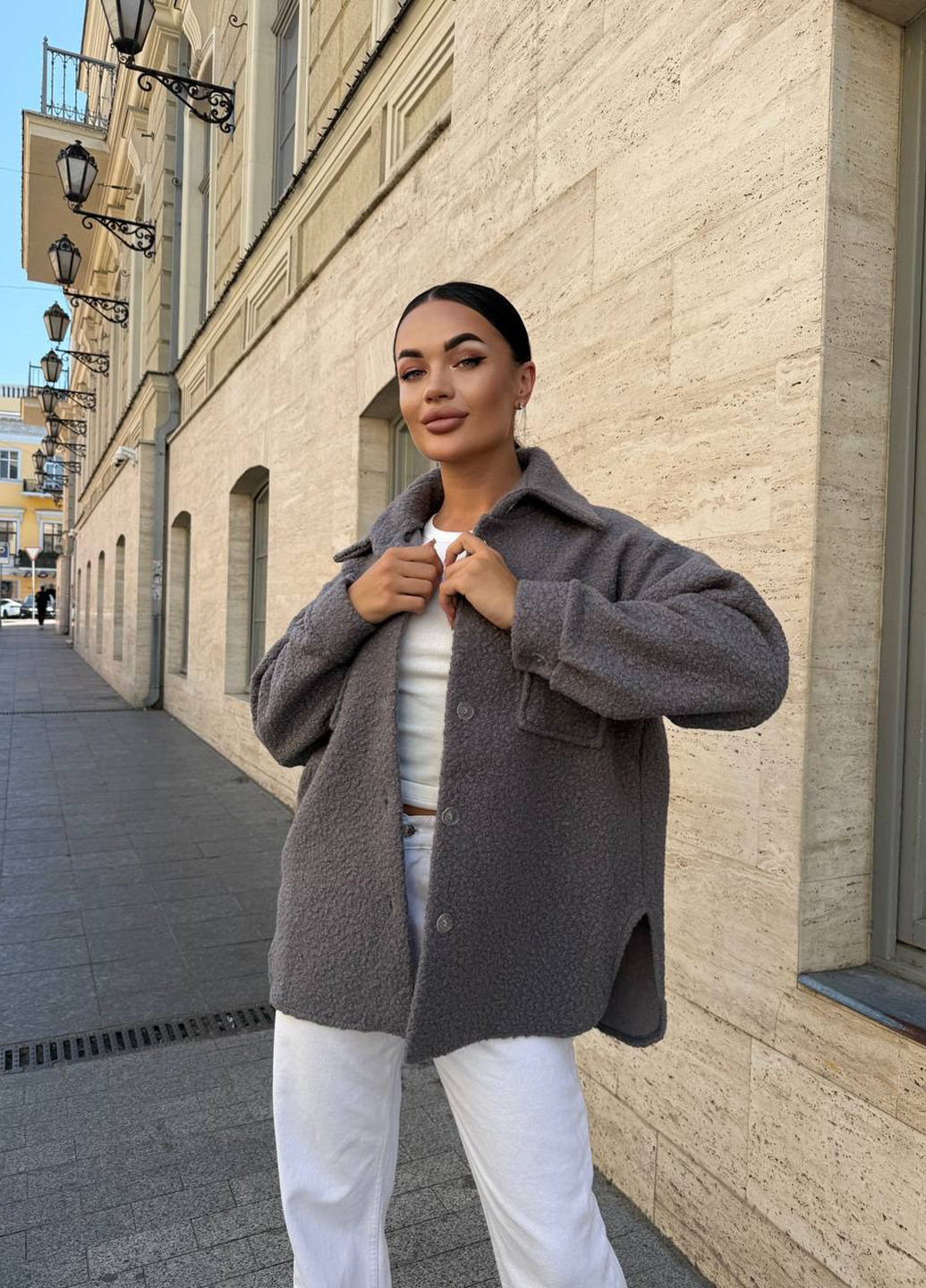 Серая кэжуал рубашка однотонная No Brand